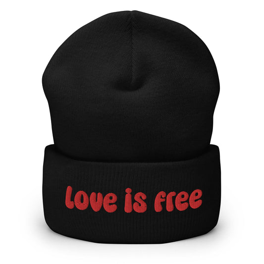 The Love Is Free Beanie by Pridelity is a baby pink accessory that boldly features the phrase "Love is free" in red on the front cuff, making it a perfect and stylish addition to any gay clothing collection for those embracing their authentic selves.