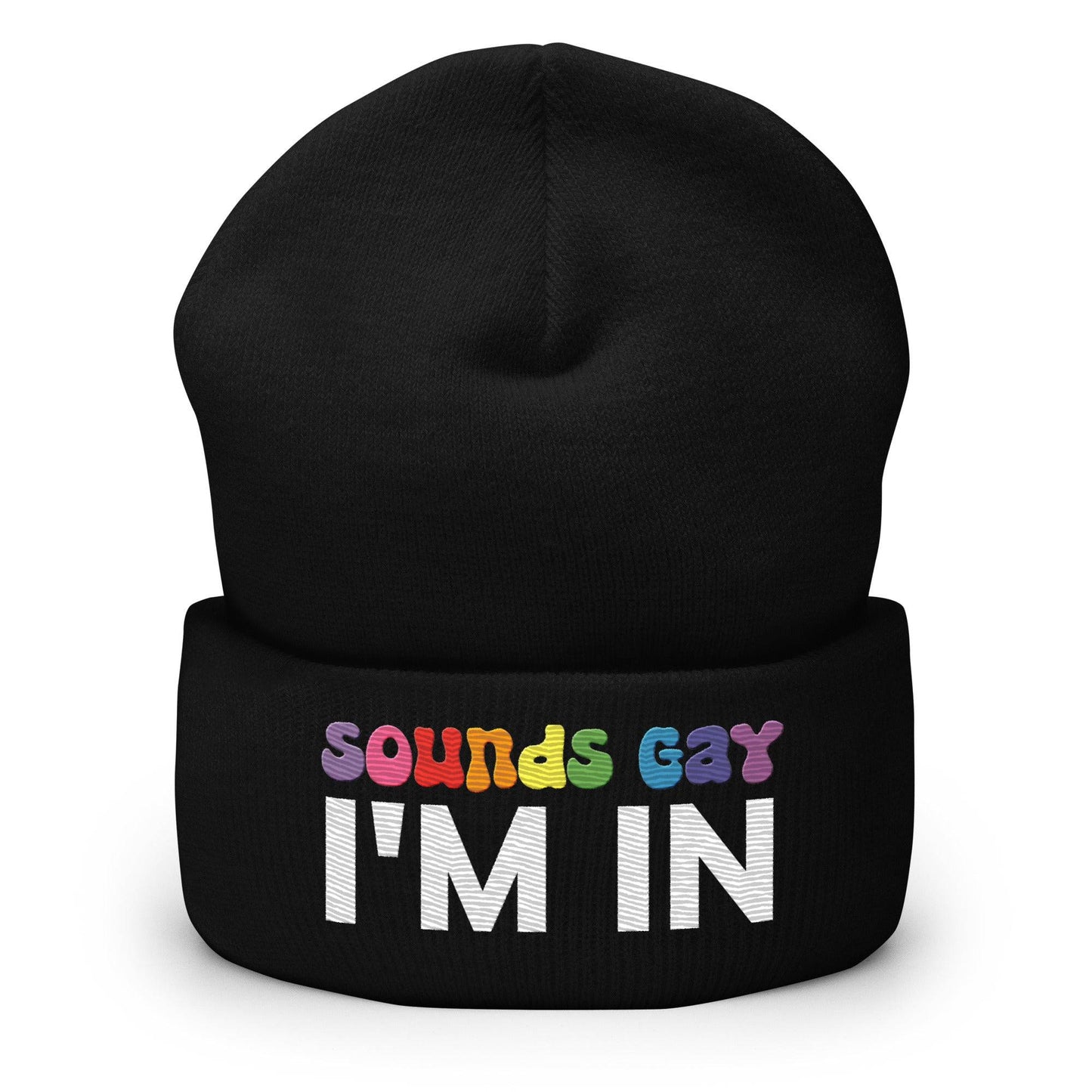The Sounds Gay Beanie by Pridelity, with its bold lettering proclaiming "Sounds Gay I'm In," enhances any ensemble with a sleek black design, proudly celebrating gay fashion.