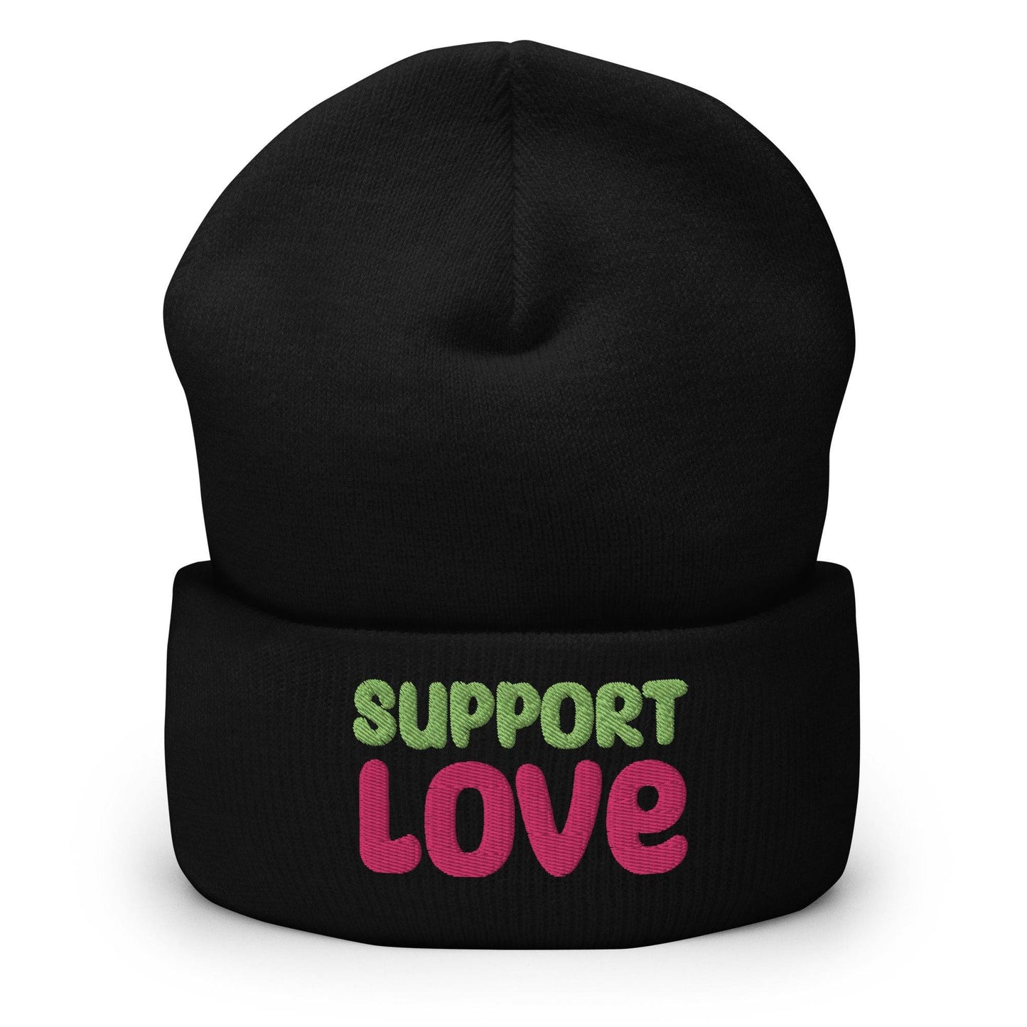 Introducing the Support Love Beanie by Pridelity, a standout piece from our gay clothing line. This white beanie features "SUPPORT LOVE" embroidered in eye-catching colors— "SUPPORT" in vibrant green and "LOVE" in bold pink—beautifully expressing positivity and solidarity.