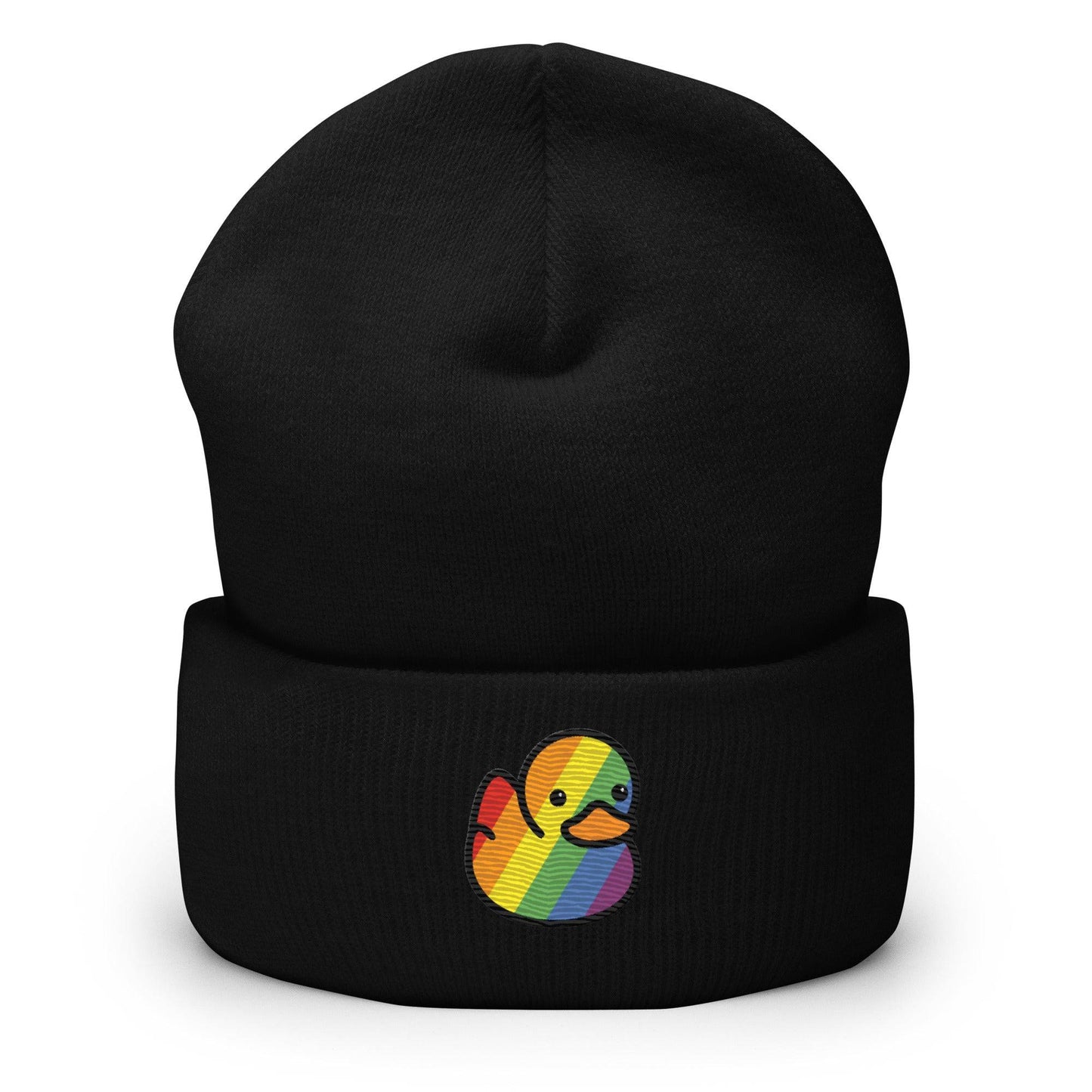 The Pride Duck Beanie by Pridelity, a striking piece of gay clothing, showcases an embroidered rubber duck with a rainbow pattern on its body, located on the cuff. This gold beanie features a folded brim and a rounded top.