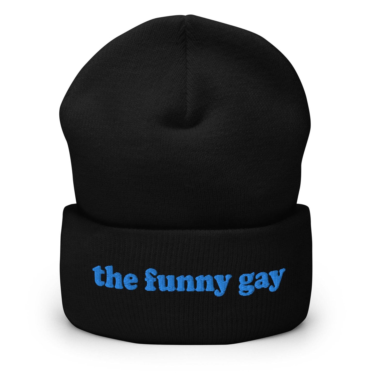 The Pridelity "The Funny Gay Beanie" in royal blue features the embroidered text "the funny gay" in light blue on the front cuff, providing a playful nod to gay fashion.