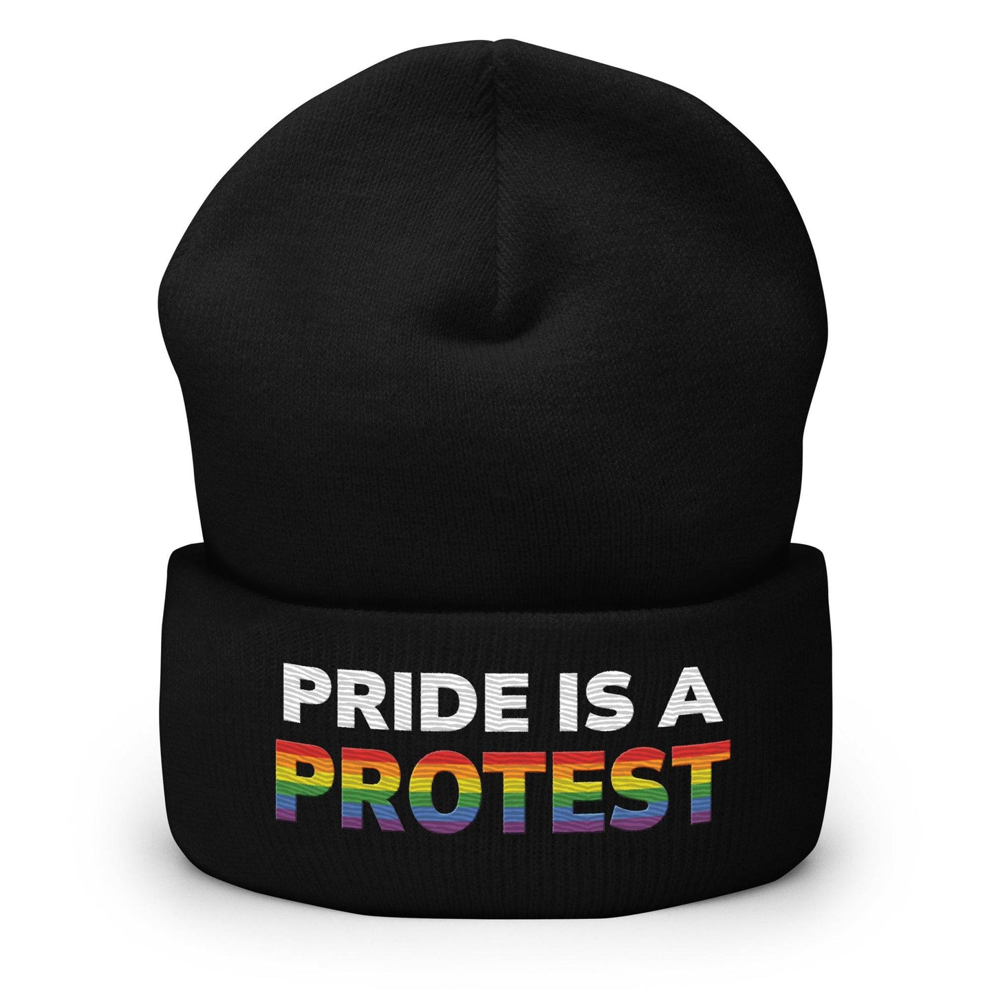 This bold statement piece from Pridelity, the "Pride is a Protest Beanie," features "PRIDE IS A PROTEST" in striking white and rainbow-colored letters on a black background, making it a powerful addition to any gay clothing collection.