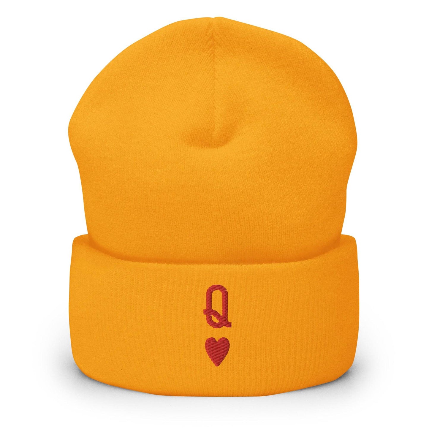 Introducing the Queen Beanie by Pridelity – a stylish white beanie with a chic red embroidered "Q" above a heart symbol on the front, perfect for enhancing any collection of gay clothing.