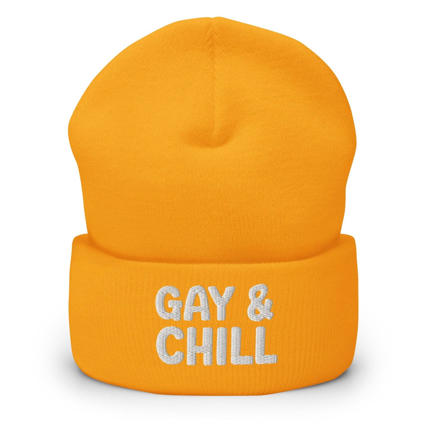The Gay & Chill Beanie by Pridelity, embroidered with "GAY & CHILL" in white on the front, is a perfect addition to your collection of gay clothing.