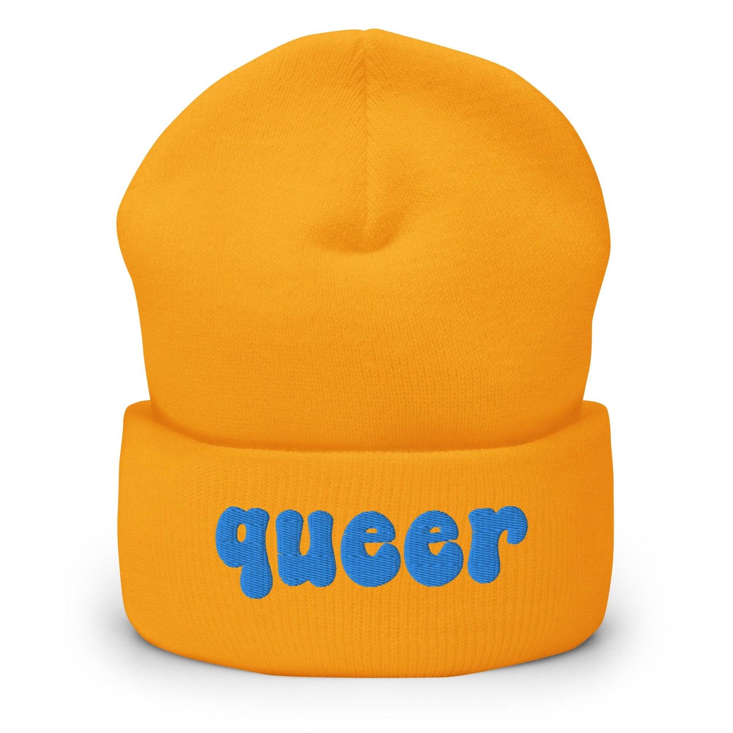 The Queer Beanie by Pridelity, in a delightful baby pink with the word "queer" emblazoned in playful blue bold letters on the front, is a standout piece of gay clothing.