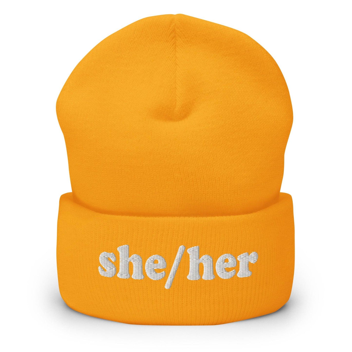 The She/Her Beanie by Pridelity, ideal for those seeking gay clothing options, is a heather grey knit beanie with the pronouns "she/her" beautifully embroidered in white on the front.