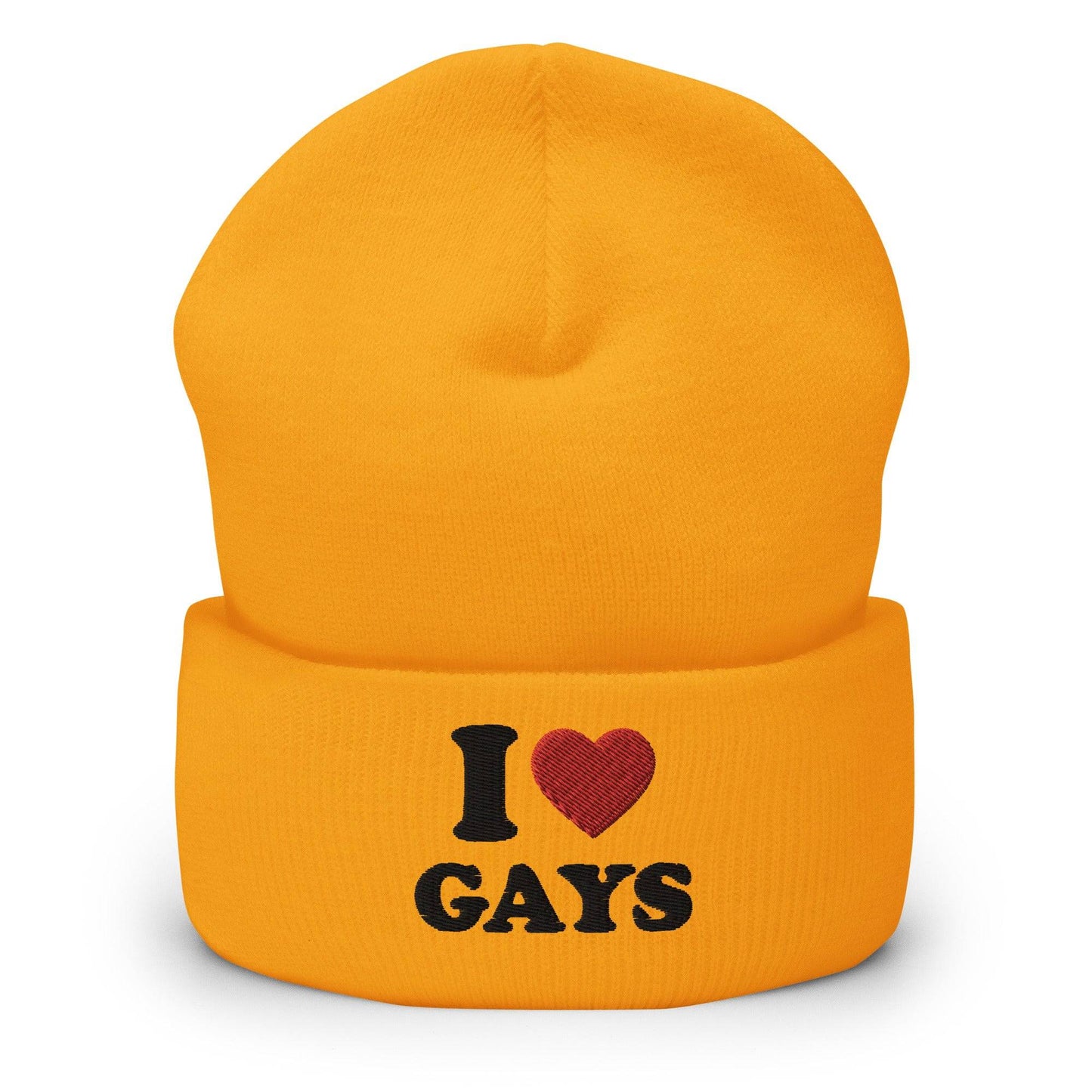 The I Love Gays Beanie by Pridelity embodies pride in LGBTQ+ fashion with its sleek black text "I ♥ GAYS" and a vibrantly red heart, set against a white background to create a bold statement piece.