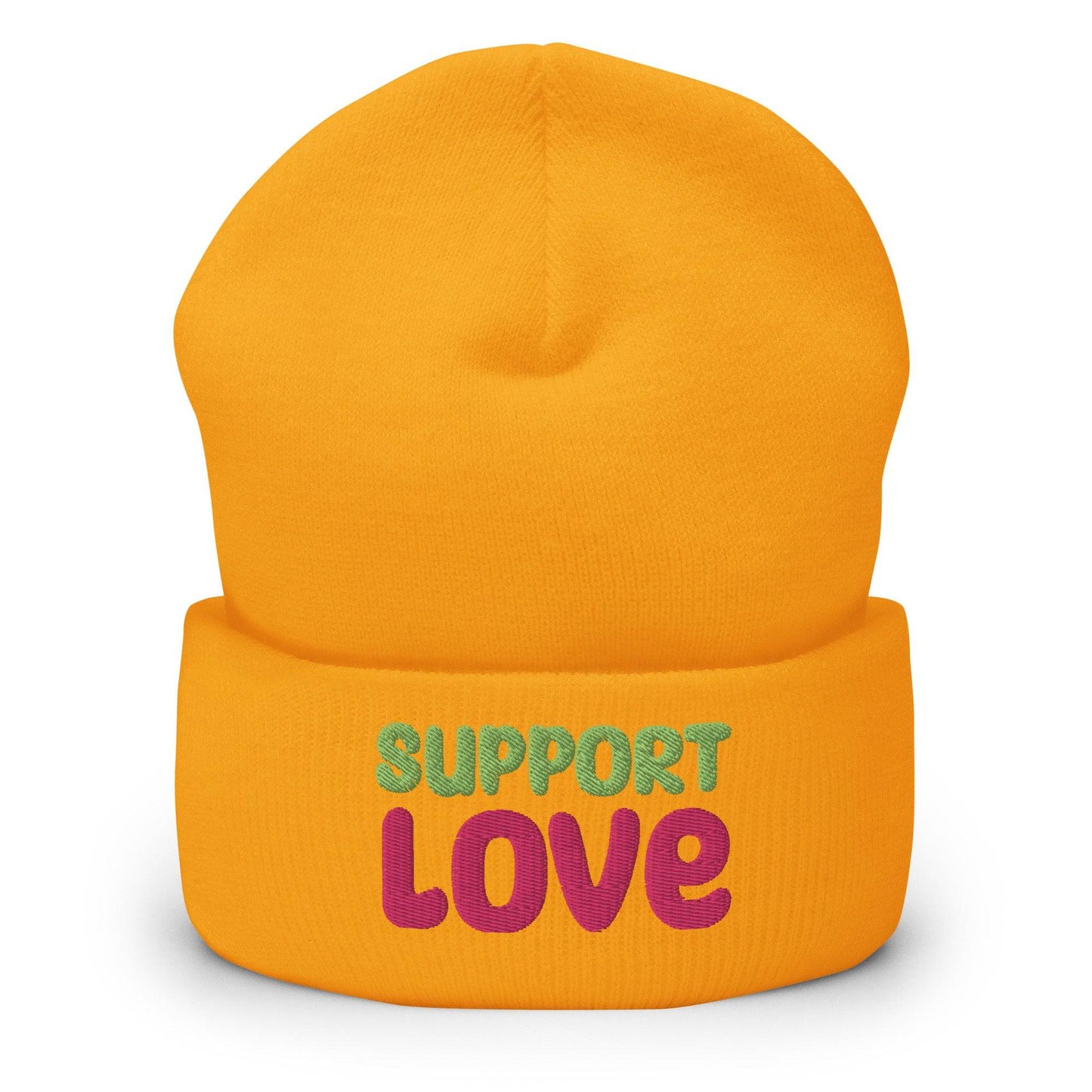 Introducing the Support Love Beanie by Pridelity, a standout piece from our gay clothing line. This white beanie features "SUPPORT LOVE" embroidered in eye-catching colors— "SUPPORT" in vibrant green and "LOVE" in bold pink—beautifully expressing positivity and solidarity.