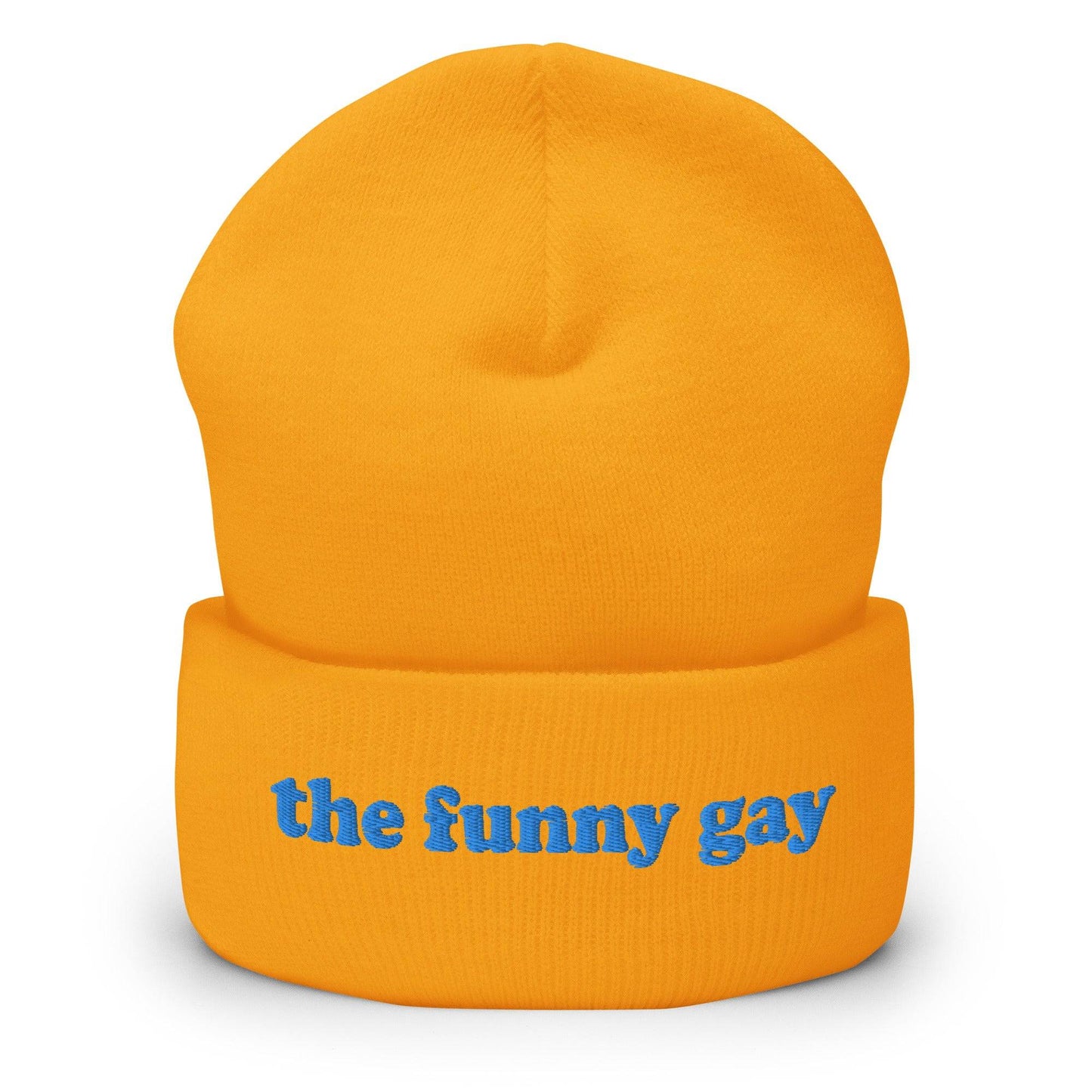 The Pridelity "The Funny Gay Beanie" in royal blue features the embroidered text "the funny gay" in light blue on the front cuff, providing a playful nod to gay fashion.