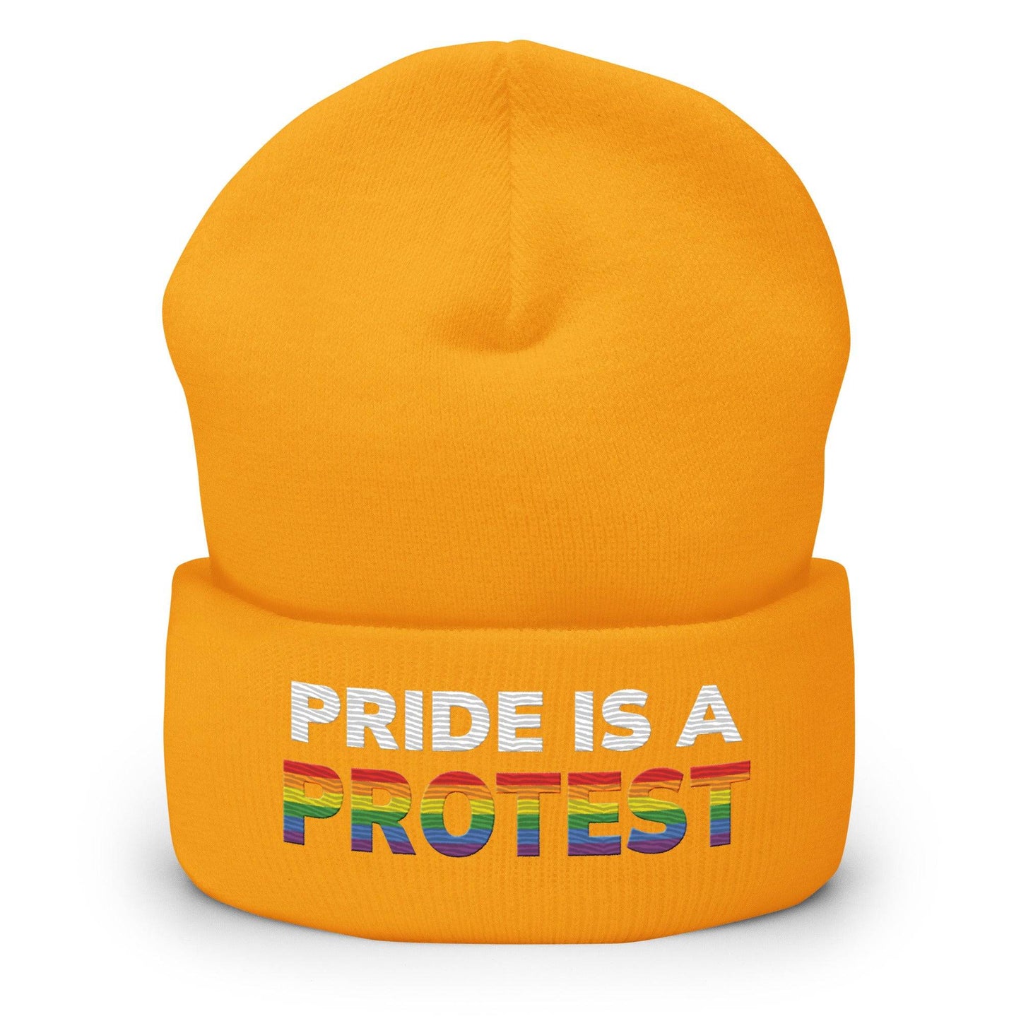 This bold statement piece from Pridelity, the "Pride is a Protest Beanie," features "PRIDE IS A PROTEST" in striking white and rainbow-colored letters on a black background, making it a powerful addition to any gay clothing collection.