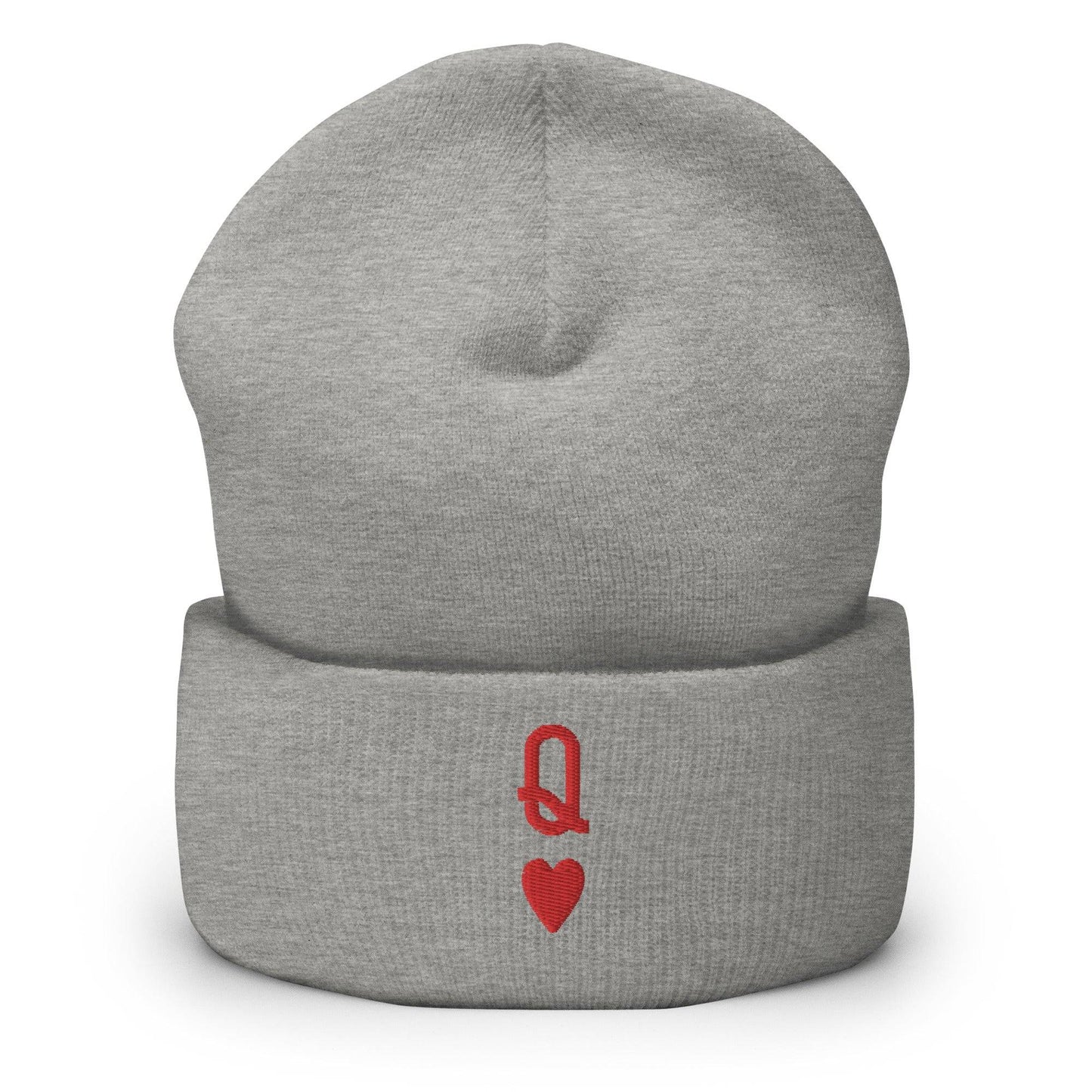 Introducing the Queen Beanie by Pridelity – a stylish white beanie with a chic red embroidered "Q" above a heart symbol on the front, perfect for enhancing any collection of gay clothing.