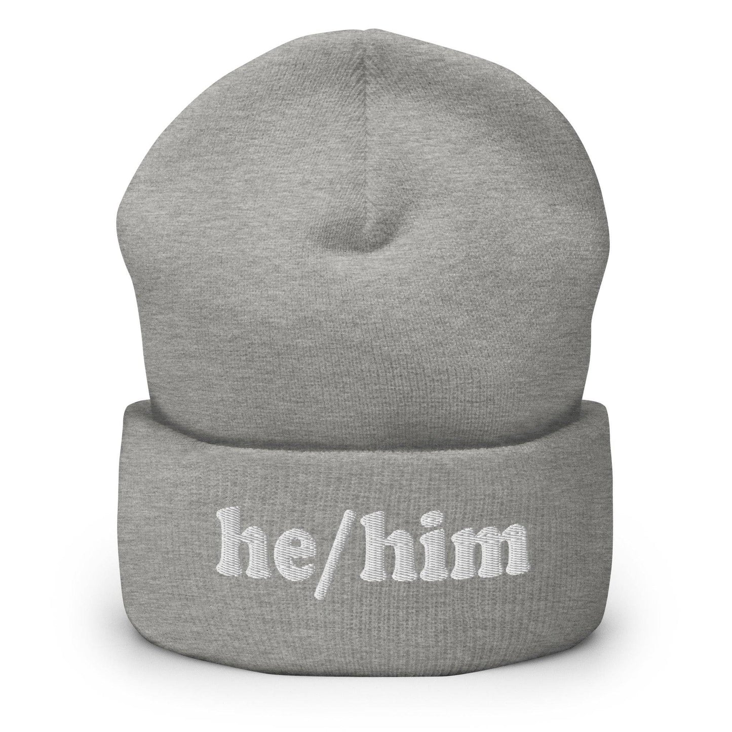 The He/Him Beanie by Pridelity, in a Heather Grey color, showcases "he/him" embroidered in white on the front, making it an ideal choice for those looking for understated yet meaningful LGBTQ+ apparel.