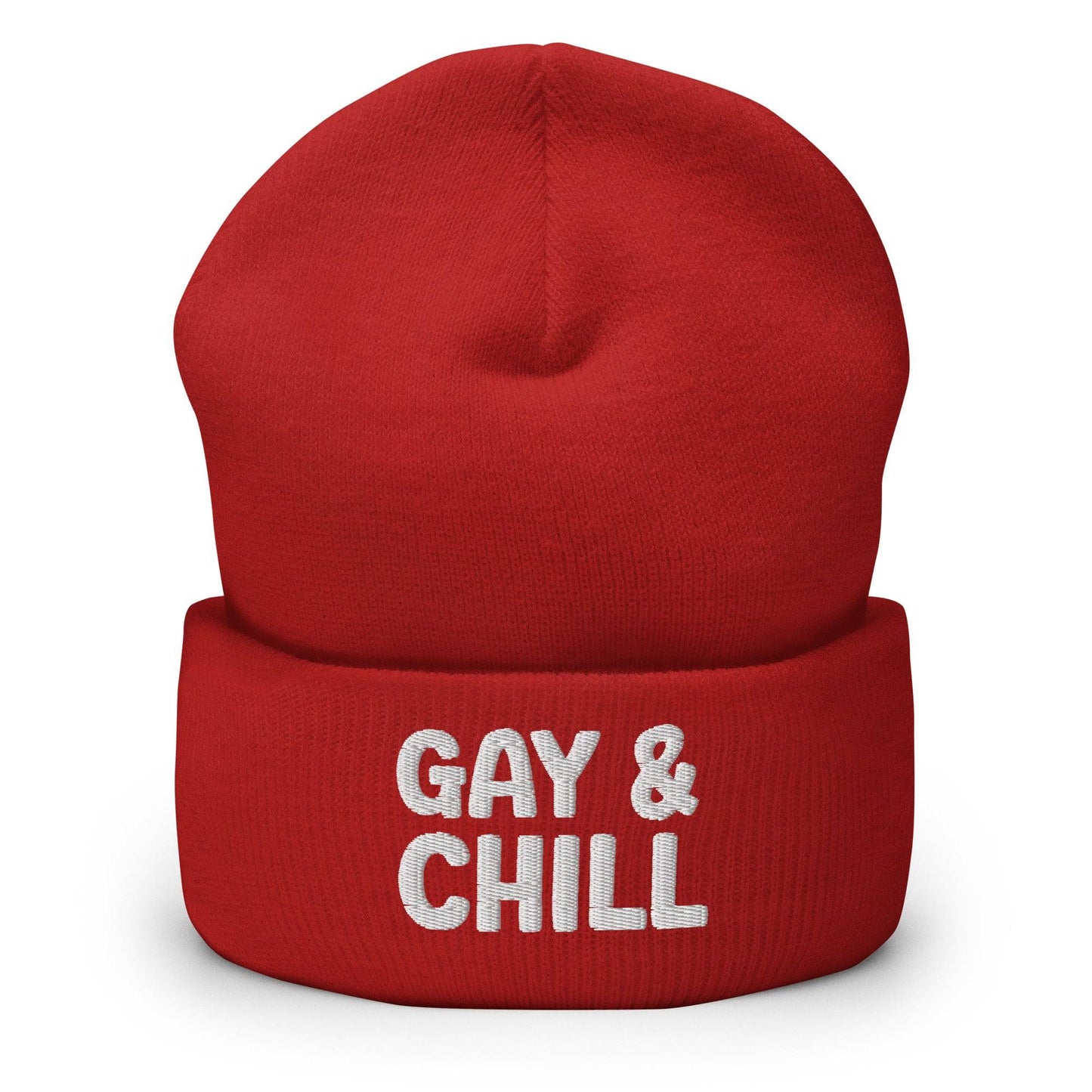 The Gay & Chill Beanie by Pridelity, embroidered with "GAY & CHILL" in white on the front, is a perfect addition to your collection of gay clothing.