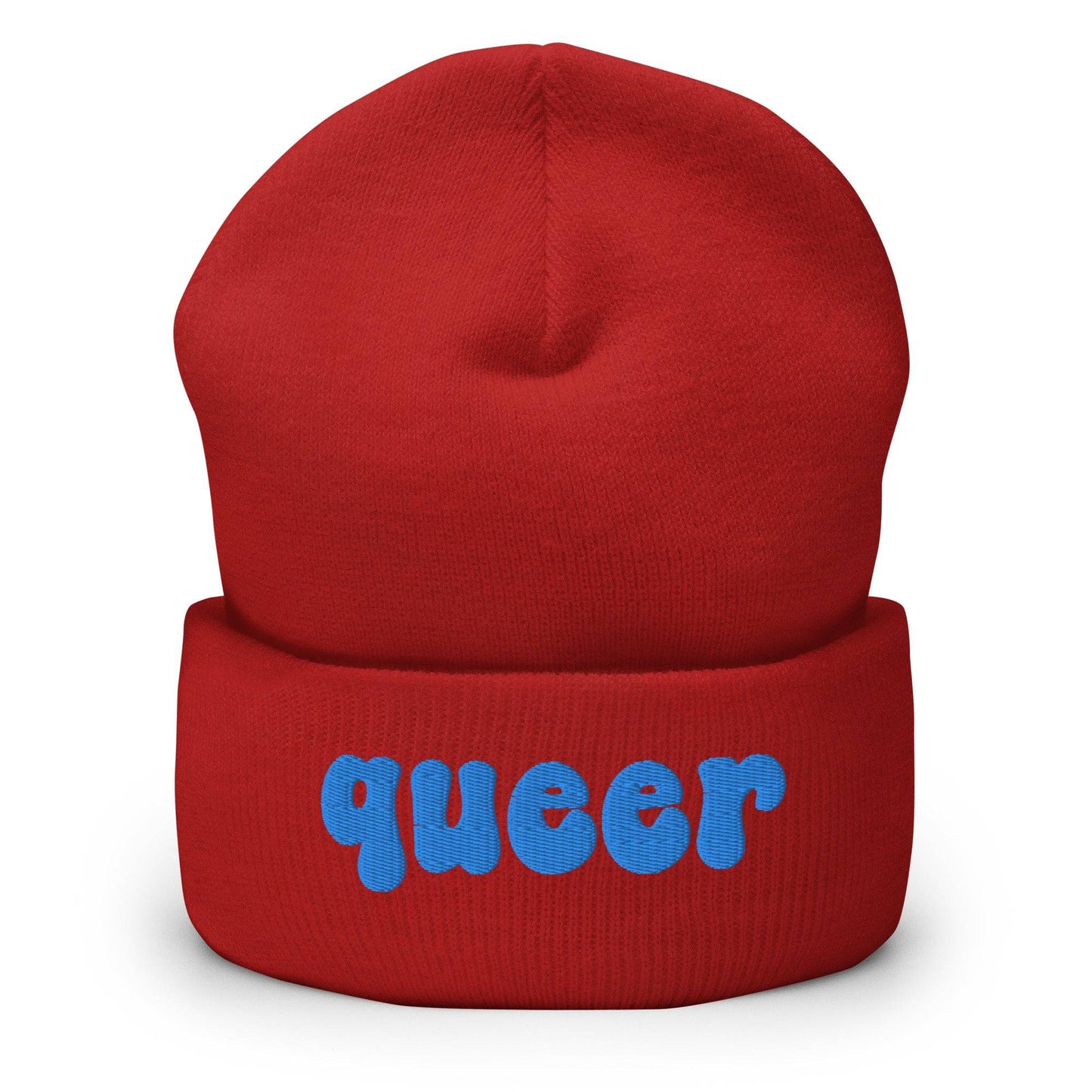 The Queer Beanie by Pridelity, in a delightful baby pink with the word "queer" emblazoned in playful blue bold letters on the front, is a standout piece of gay clothing.