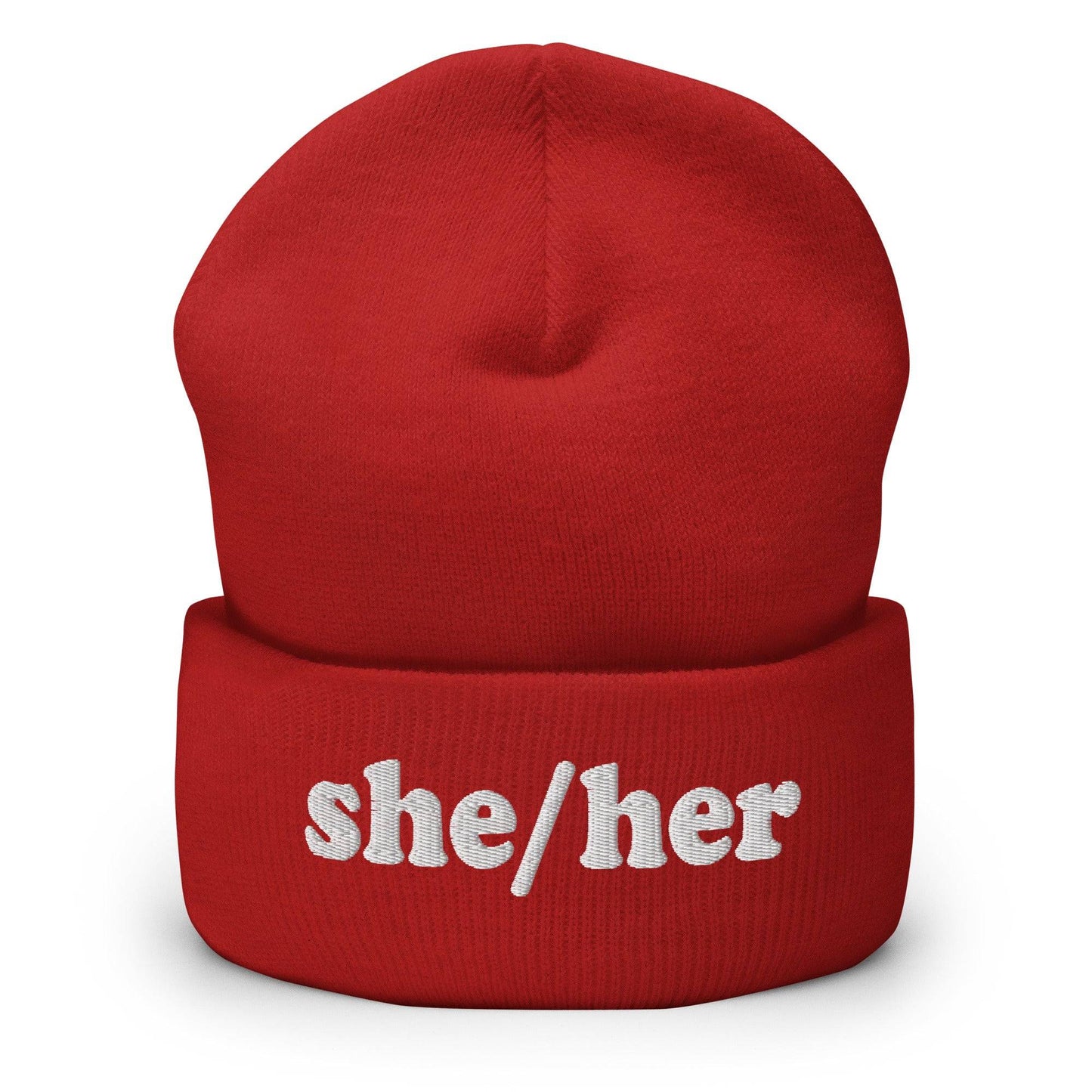 The She/Her Beanie by Pridelity, ideal for those seeking gay clothing options, is a heather grey knit beanie with the pronouns "she/her" beautifully embroidered in white on the front.