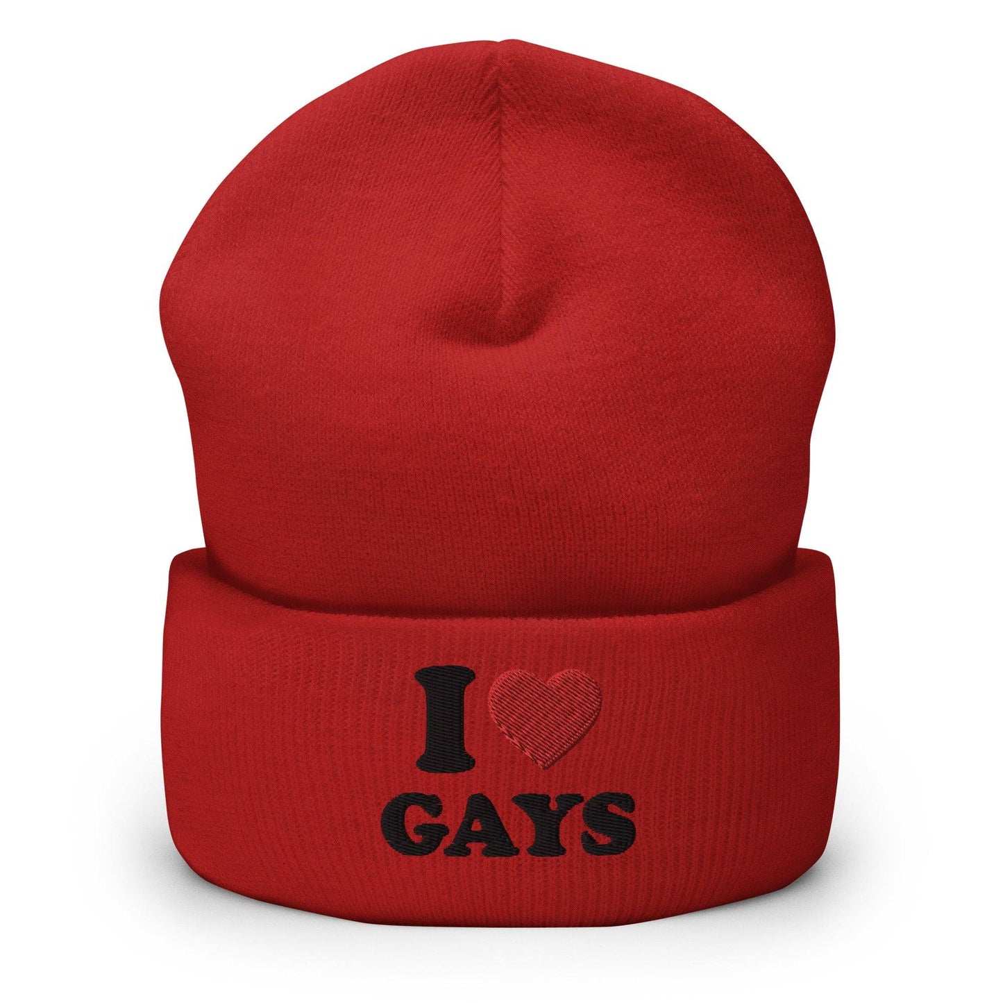 The I Love Gays Beanie by Pridelity embodies pride in LGBTQ+ fashion with its sleek black text "I ♥ GAYS" and a vibrantly red heart, set against a white background to create a bold statement piece.