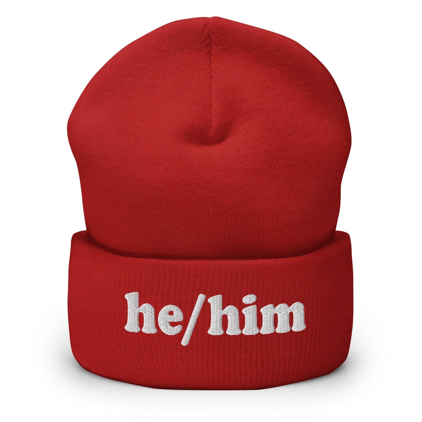The He/Him Beanie by Pridelity, in a Heather Grey color, showcases "he/him" embroidered in white on the front, making it an ideal choice for those looking for understated yet meaningful LGBTQ+ apparel.