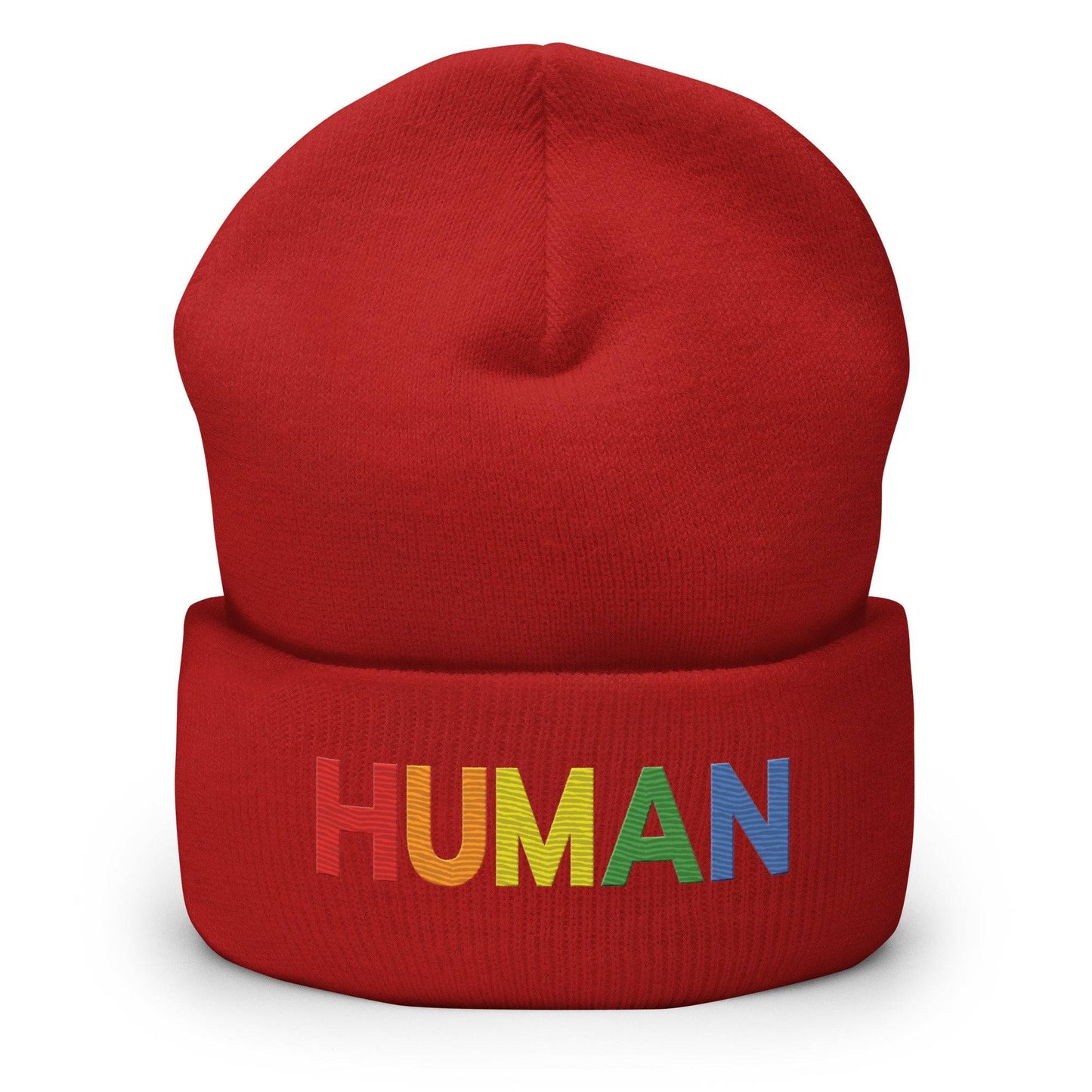 Discover the Human Beanie by Pridelity, a stylish white accessory featuring "HUMAN" embroidered in vibrant rainbow colors, capturing the spirit of gay clothing.