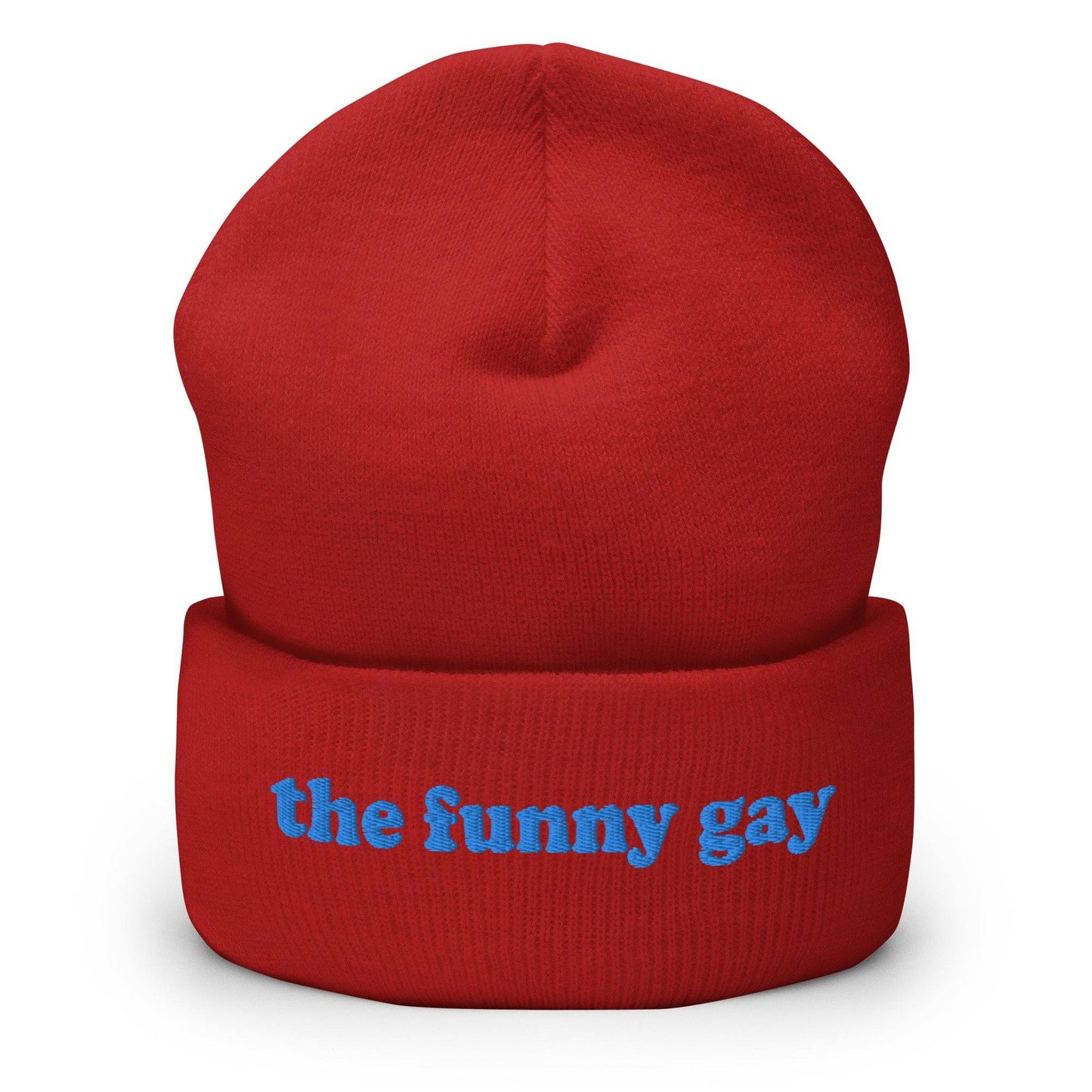 The Pridelity "The Funny Gay Beanie" in royal blue features the embroidered text "the funny gay" in light blue on the front cuff, providing a playful nod to gay fashion.