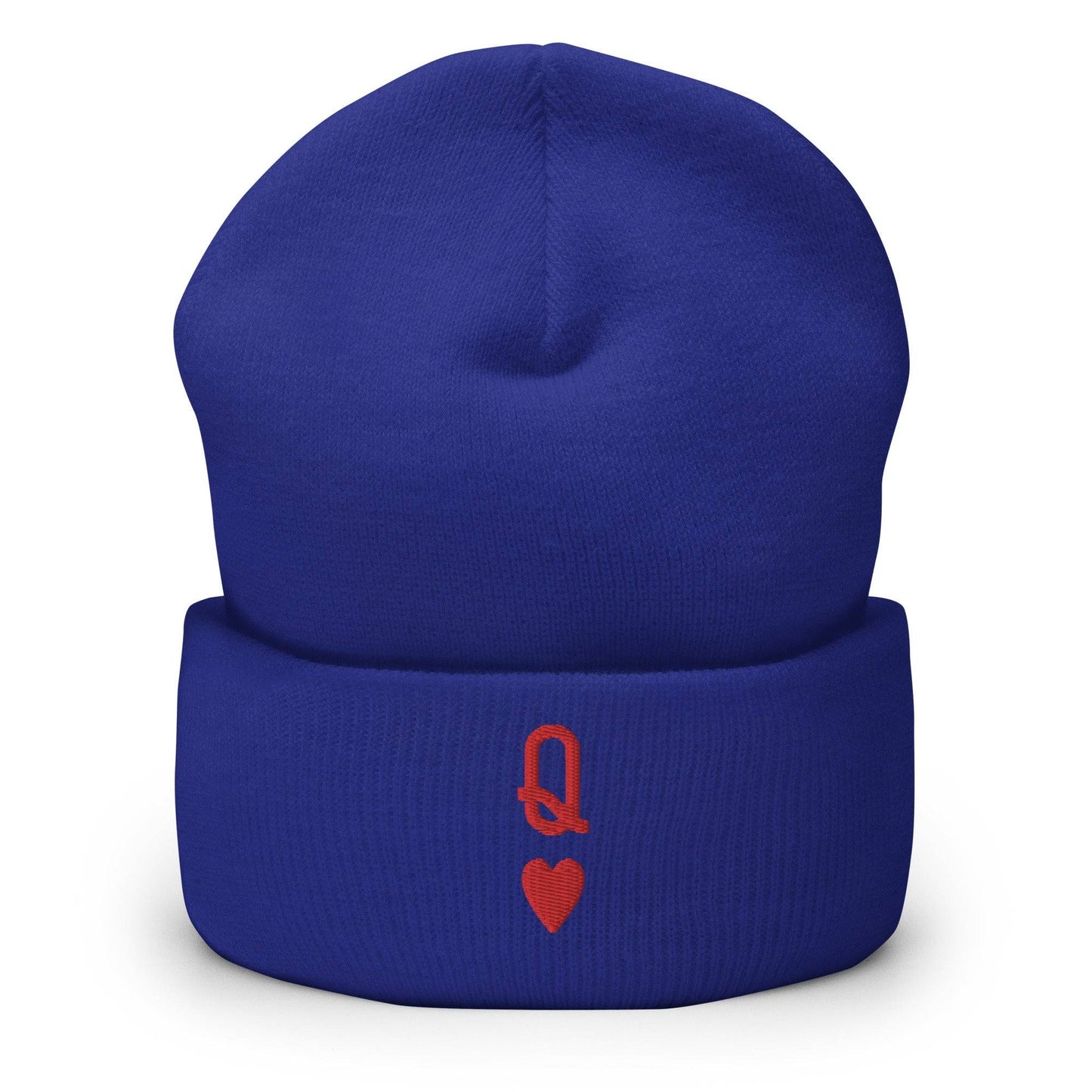 Introducing the Queen Beanie by Pridelity – a stylish white beanie with a chic red embroidered "Q" above a heart symbol on the front, perfect for enhancing any collection of gay clothing.
