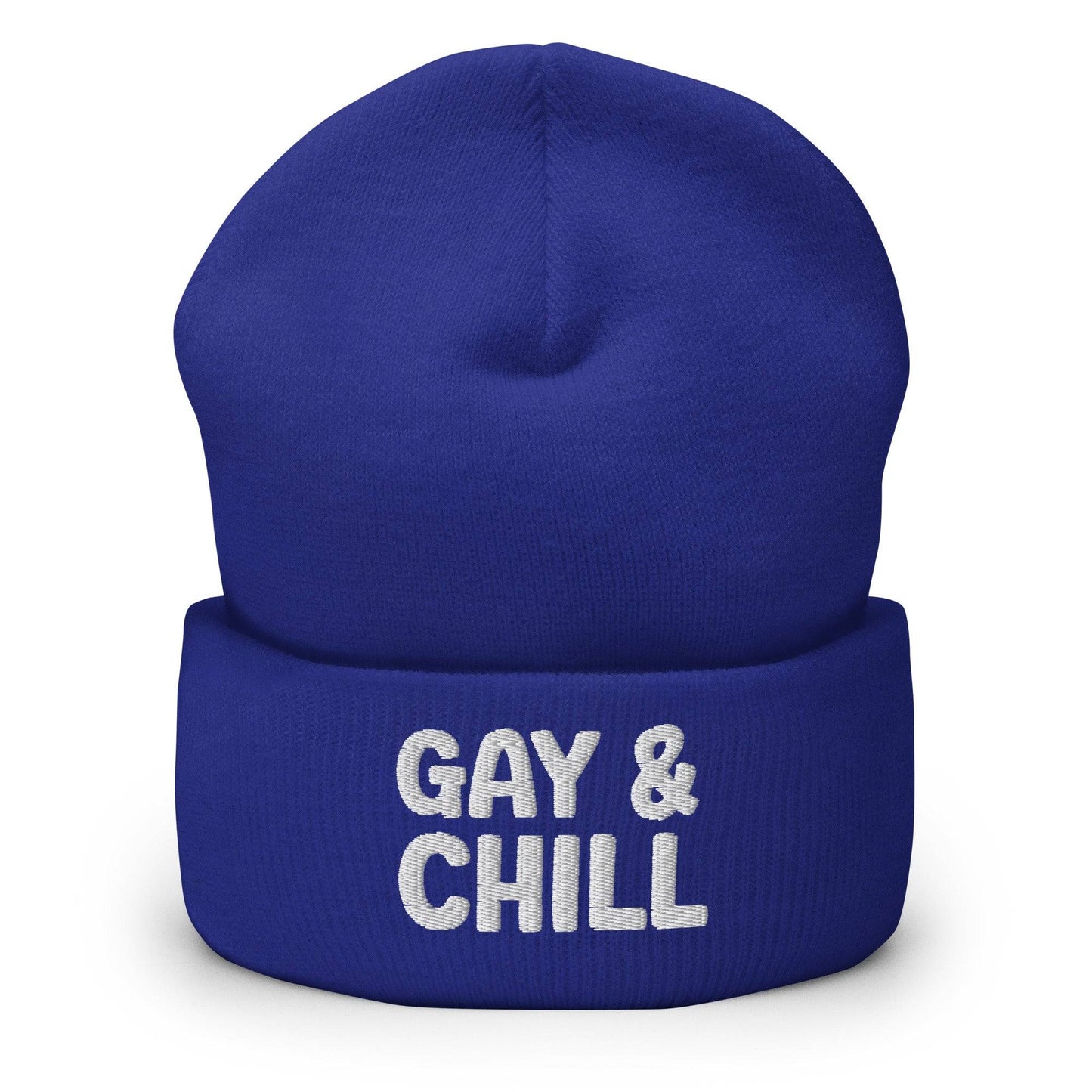 The Gay & Chill Beanie by Pridelity, embroidered with "GAY & CHILL" in white on the front, is a perfect addition to your collection of gay clothing.