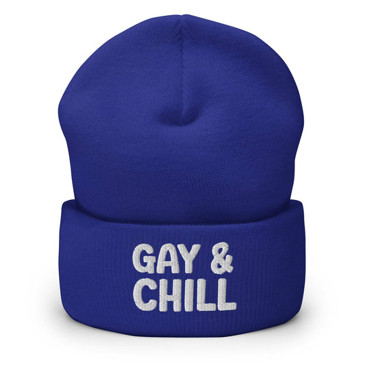 The Gay & Chill Beanie by Pridelity, embroidered with "GAY & CHILL" in white on the front, is a perfect addition to your collection of gay clothing.