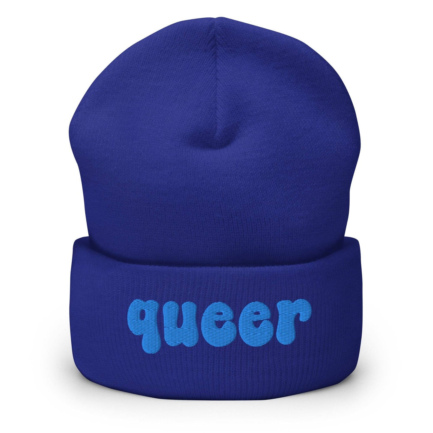 The Queer Beanie by Pridelity, in a delightful baby pink with the word "queer" emblazoned in playful blue bold letters on the front, is a standout piece of gay clothing.