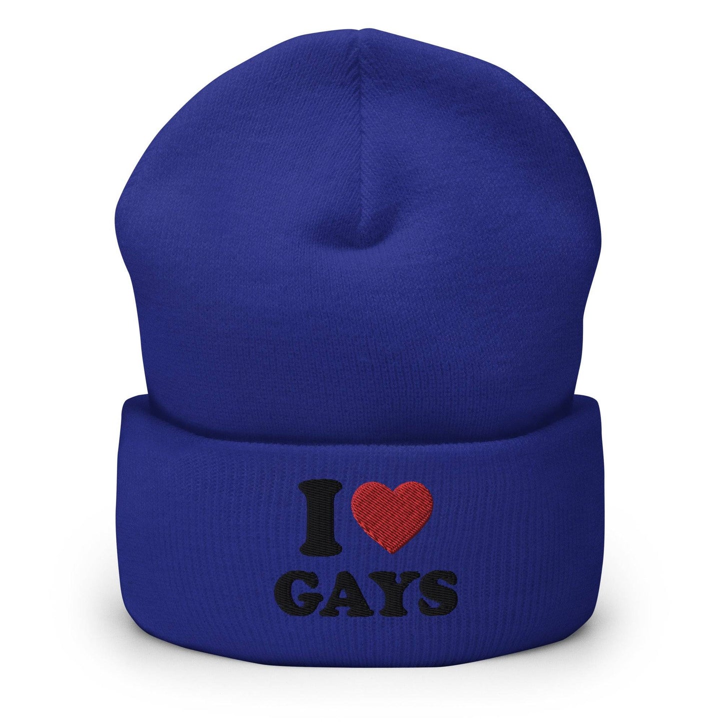 The I Love Gays Beanie by Pridelity embodies pride in LGBTQ+ fashion with its sleek black text "I ♥ GAYS" and a vibrantly red heart, set against a white background to create a bold statement piece.