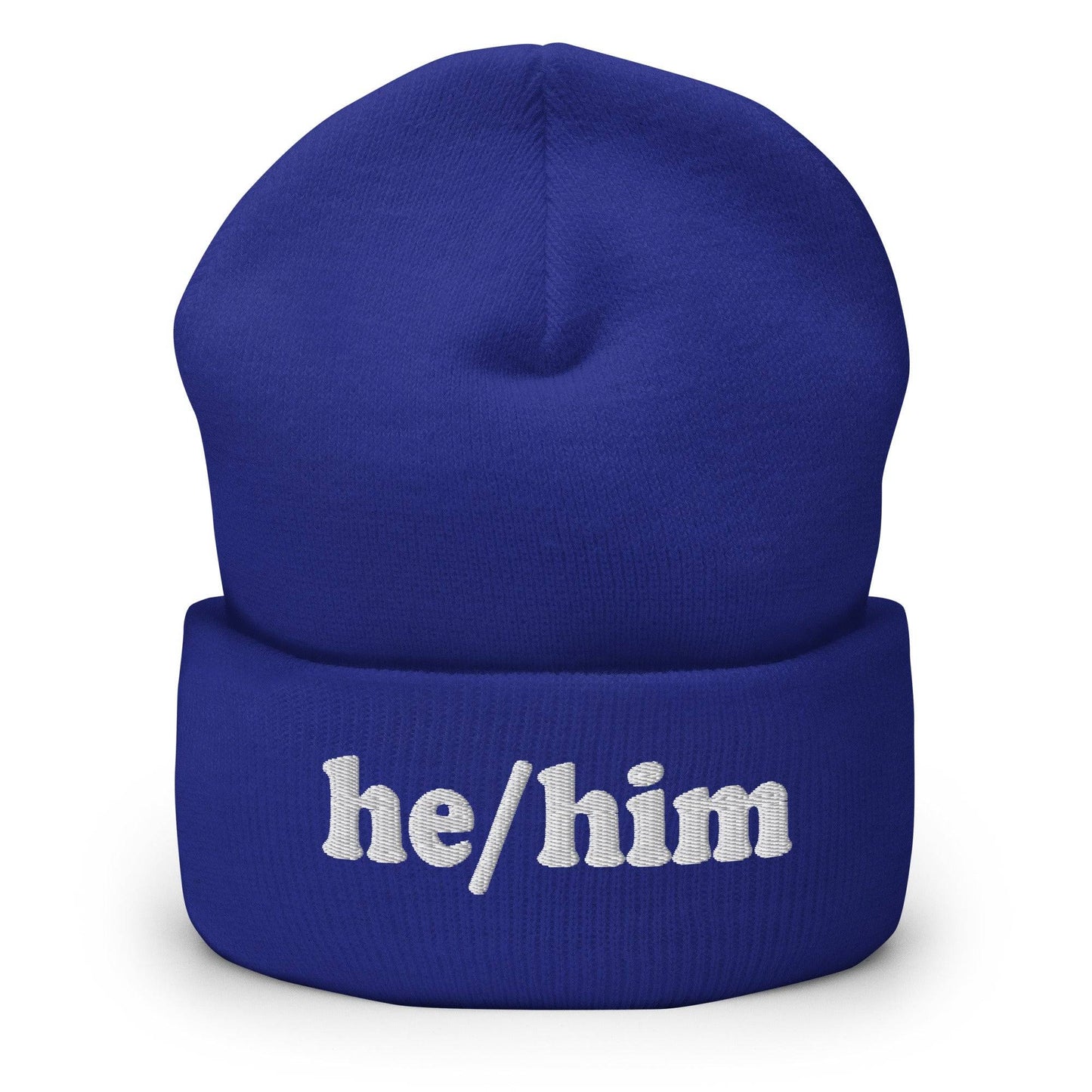 The He/Him Beanie by Pridelity, in a Heather Grey color, showcases "he/him" embroidered in white on the front, making it an ideal choice for those looking for understated yet meaningful LGBTQ+ apparel.