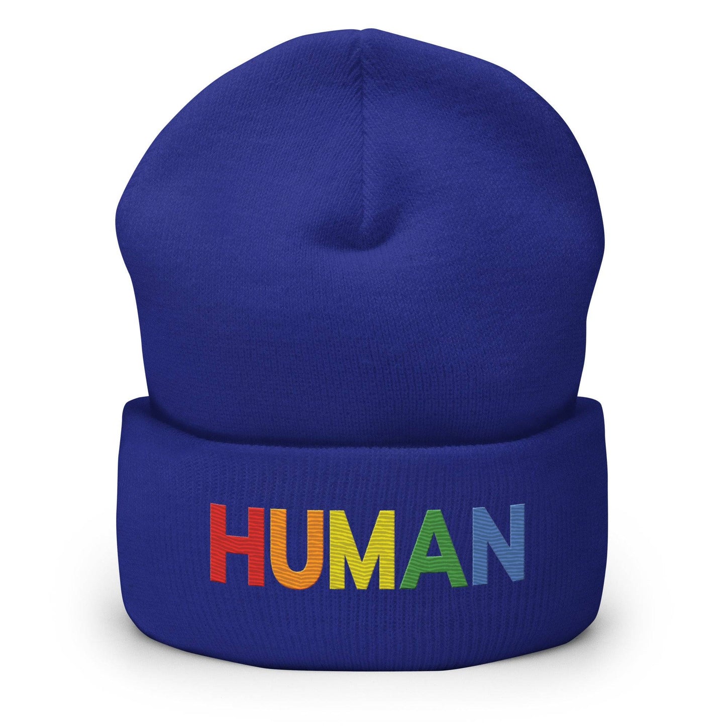 Discover the Human Beanie by Pridelity, a stylish white accessory featuring "HUMAN" embroidered in vibrant rainbow colors, capturing the spirit of gay clothing.