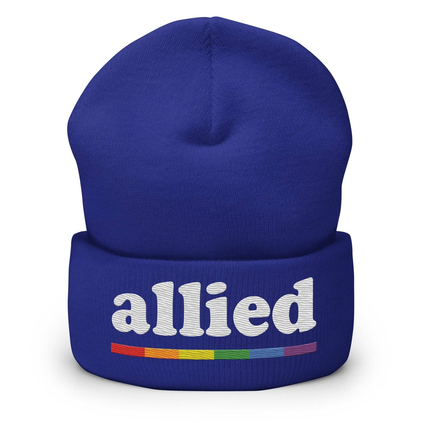 Introducing the Allied Beanie from Pridelity: This striking black beanie features the word "allied" embroidered in white, with a small rainbow-colored line below to celebrate Pride. It's crafted from textured fabric and has a folded bottom, making it an essential standout in any Pride Merch collection.
