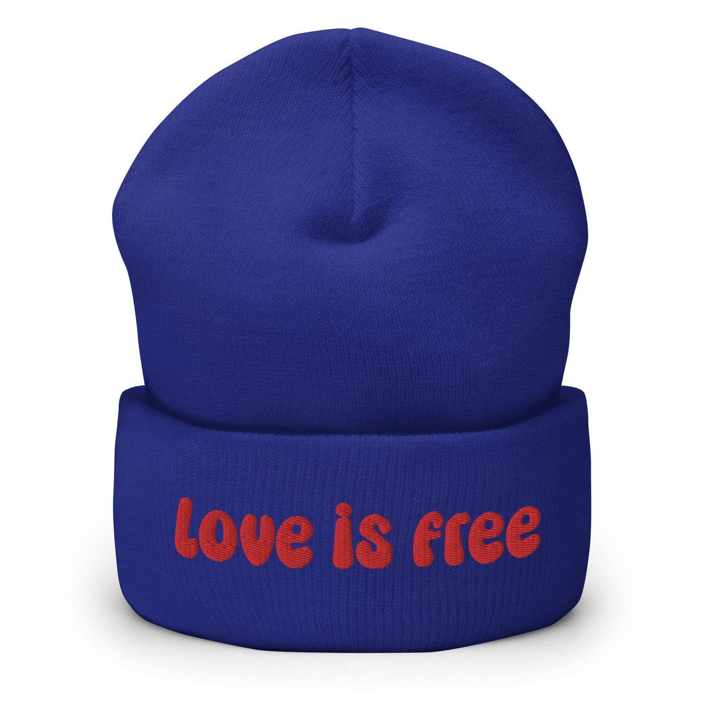 The Love Is Free Beanie by Pridelity is a baby pink accessory that boldly features the phrase "Love is free" in red on the front cuff, making it a perfect and stylish addition to any gay clothing collection for those embracing their authentic selves.