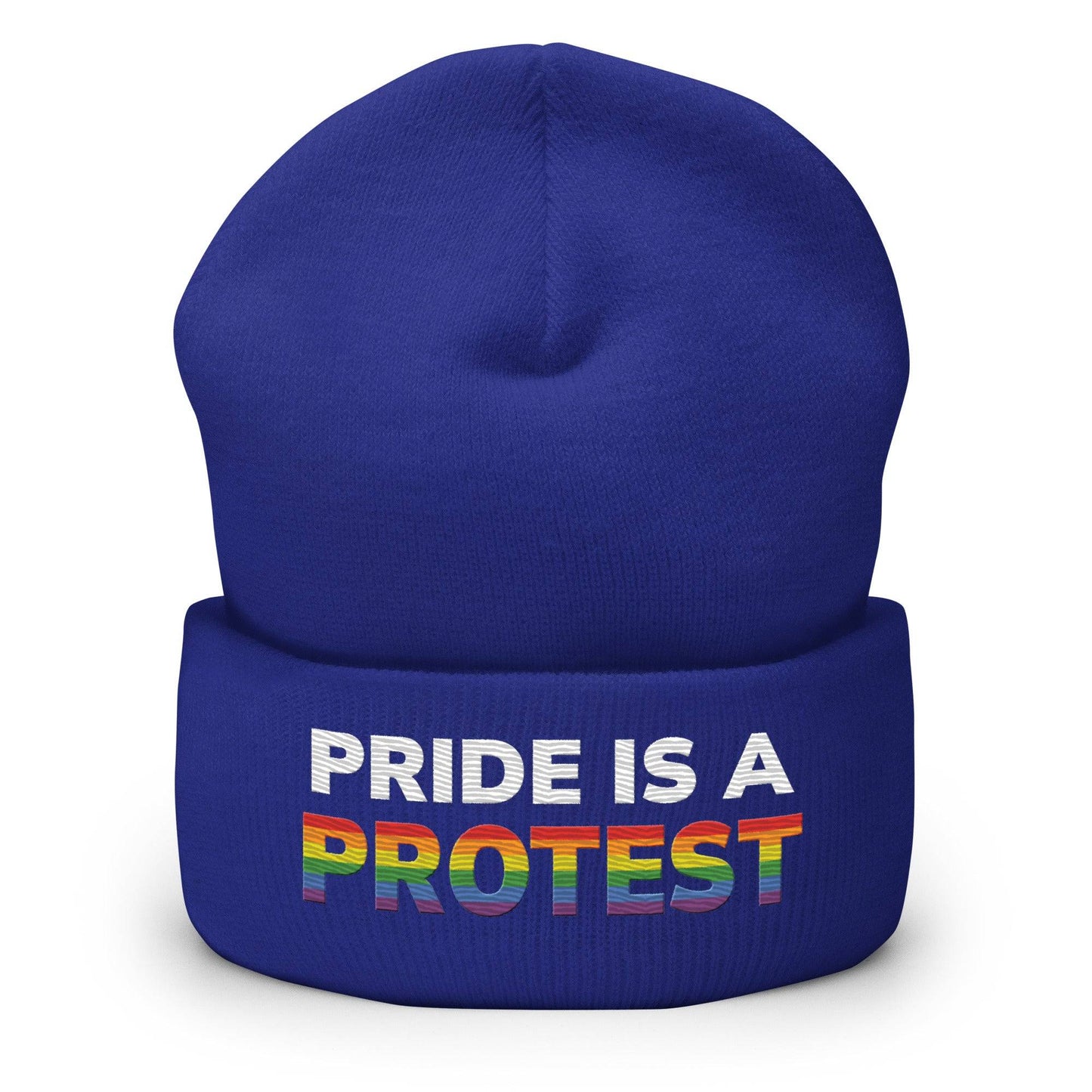 This bold statement piece from Pridelity, the "Pride is a Protest Beanie," features "PRIDE IS A PROTEST" in striking white and rainbow-colored letters on a black background, making it a powerful addition to any gay clothing collection.