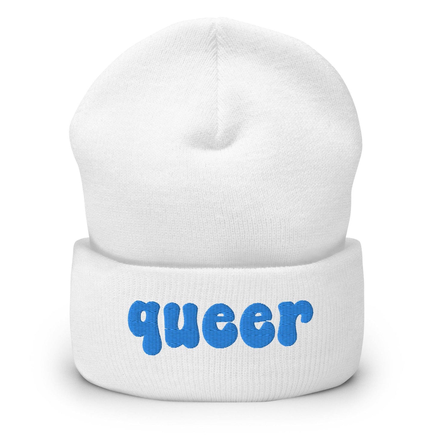 The Queer Beanie by Pridelity, in a delightful baby pink with the word "queer" emblazoned in playful blue bold letters on the front, is a standout piece of gay clothing.
