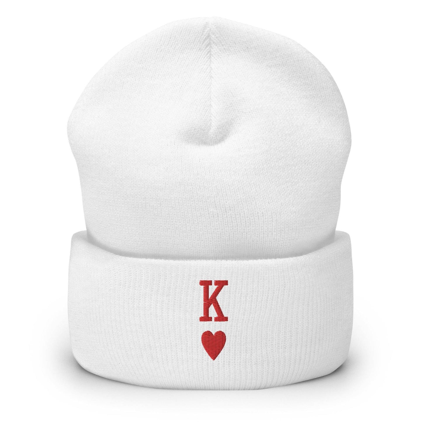 The King Beanie by Pridelity is a white beanie adorned with a red "K" and heart symbol on its folded edge, perfect for individuals expressing their identity through stylish gay clothing.