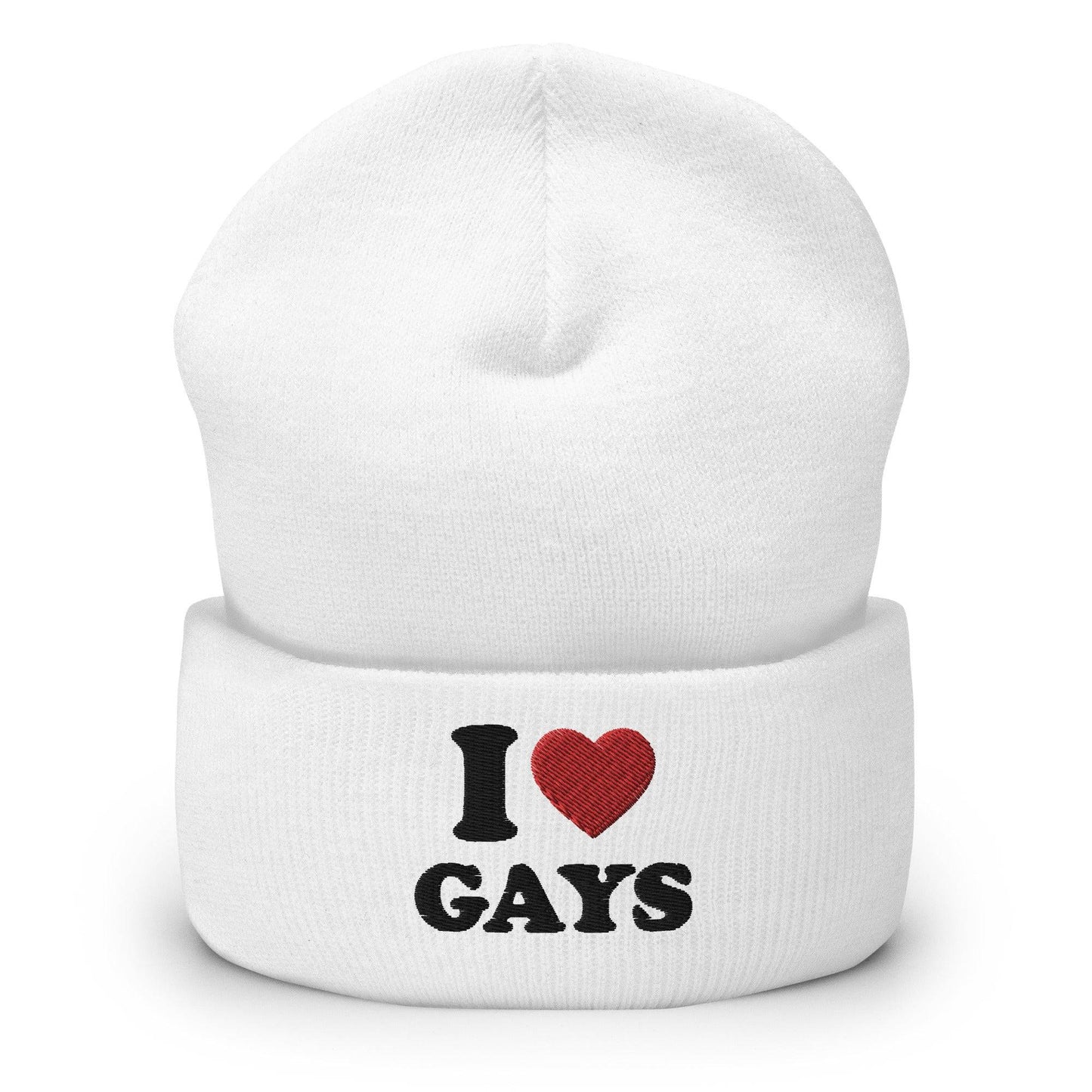 The I Love Gays Beanie by Pridelity embodies pride in LGBTQ+ fashion with its sleek black text "I ♥ GAYS" and a vibrantly red heart, set against a white background to create a bold statement piece.