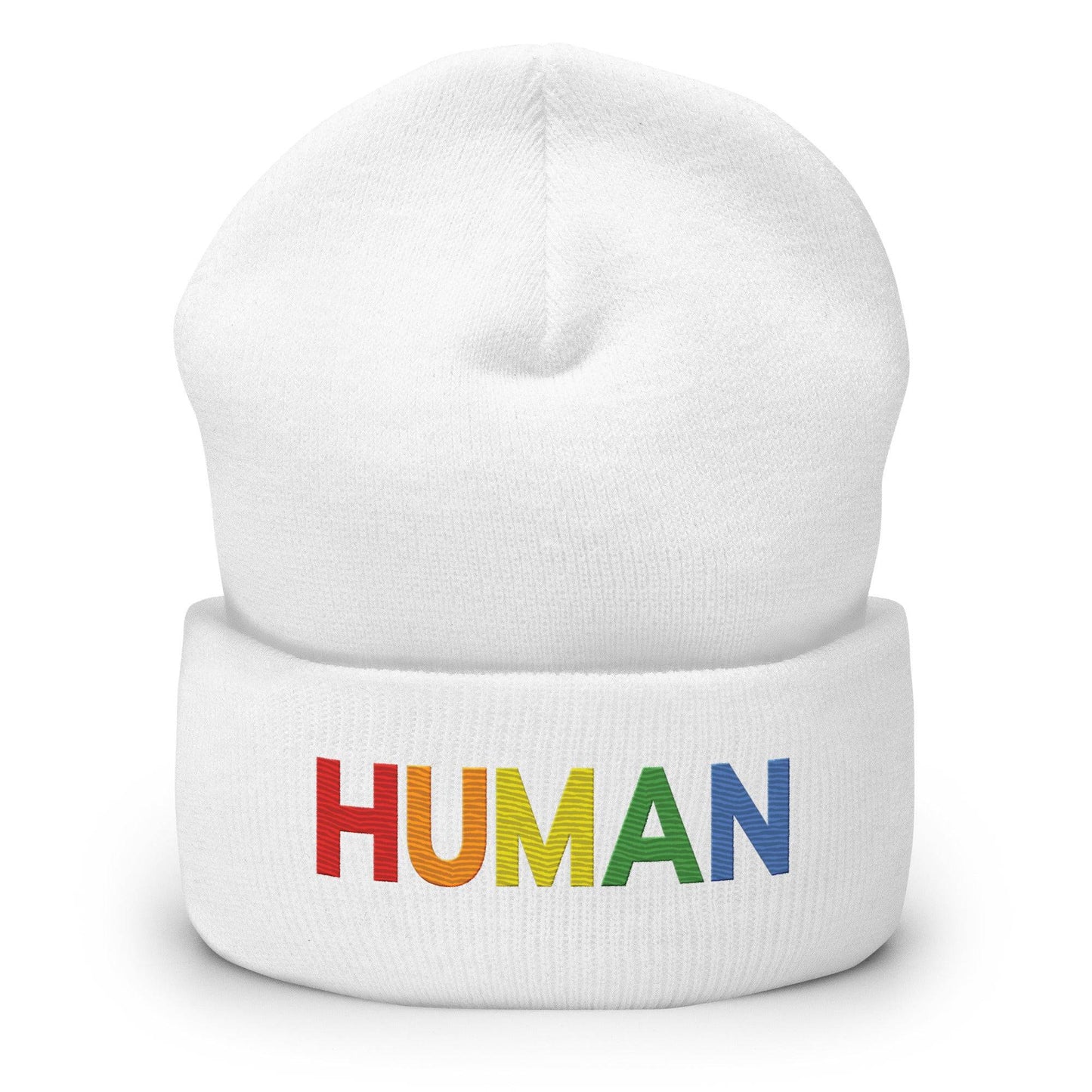 Discover the Human Beanie by Pridelity, a stylish white accessory featuring "HUMAN" embroidered in vibrant rainbow colors, capturing the spirit of gay clothing.