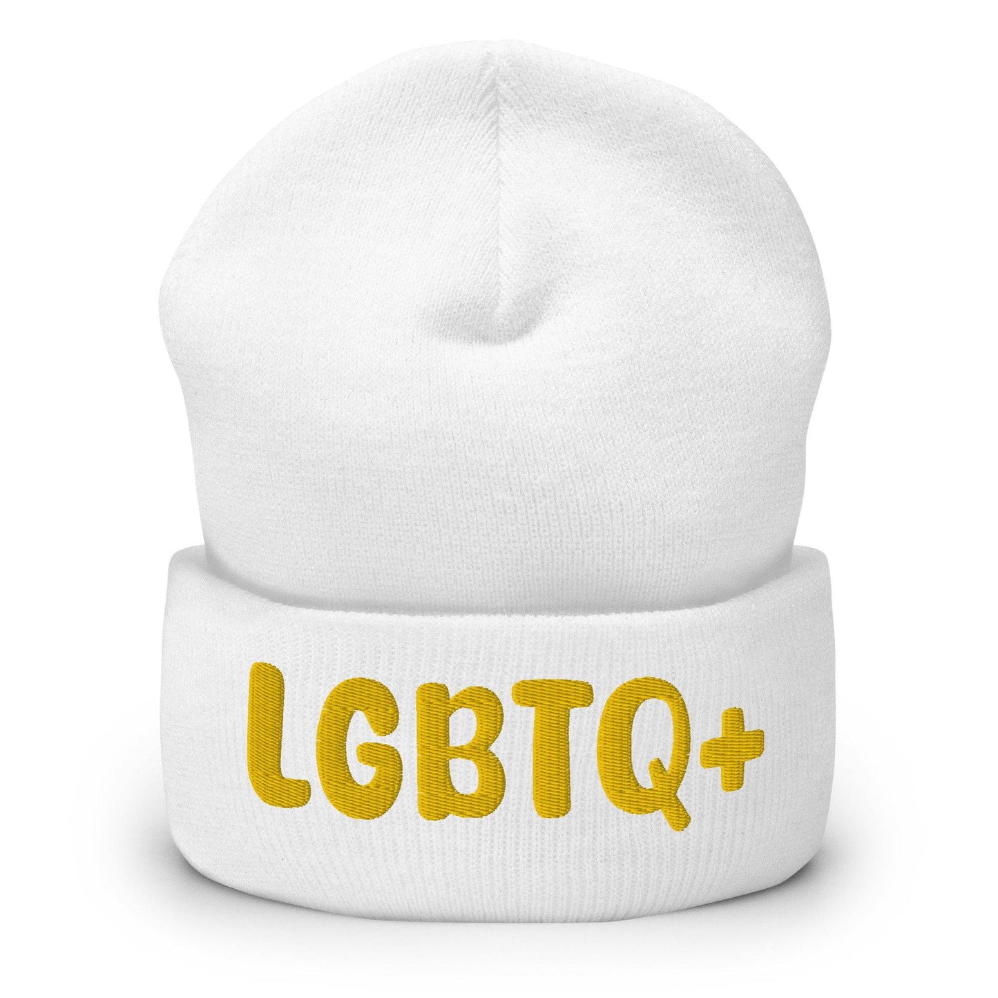 Pridelity's LGBTQ+ Beanie in red features "LGBTQ+" in yellow letters on the front, making it an ideal choice for those embracing gay clothing styles.