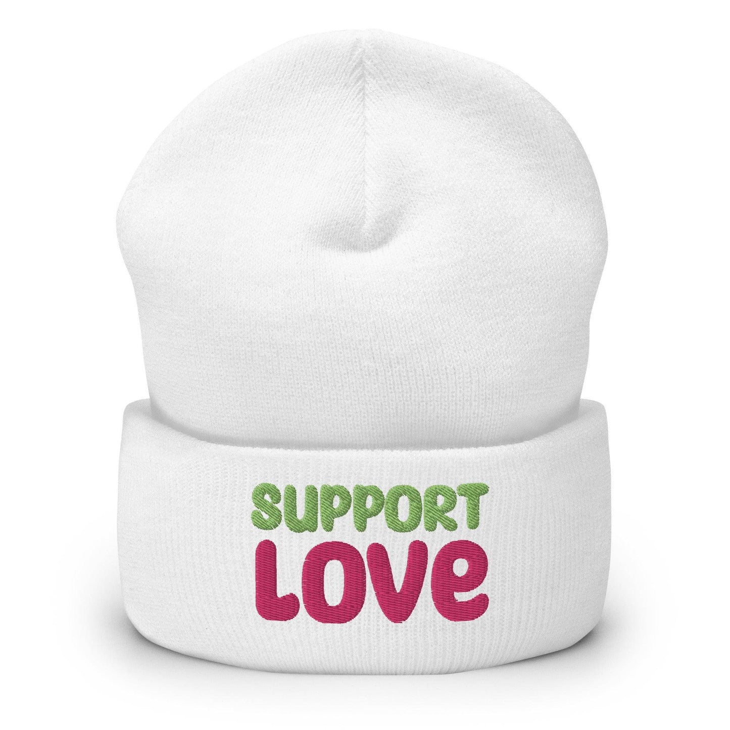 Introducing the Support Love Beanie by Pridelity, a standout piece from our gay clothing line. This white beanie features "SUPPORT LOVE" embroidered in eye-catching colors— "SUPPORT" in vibrant green and "LOVE" in bold pink—beautifully expressing positivity and solidarity.