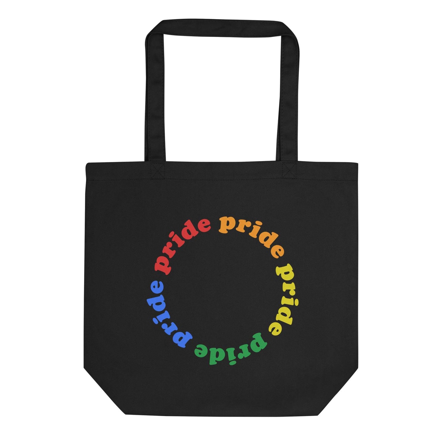 The Pride Circle Tote Bag by Pridelity is a black tote displaying "pride" in a circular arrangement, with each letter presented in vivid, eye-catching colors similar to those seen at Rainbow Shops, representing LGBTQ+ pride.