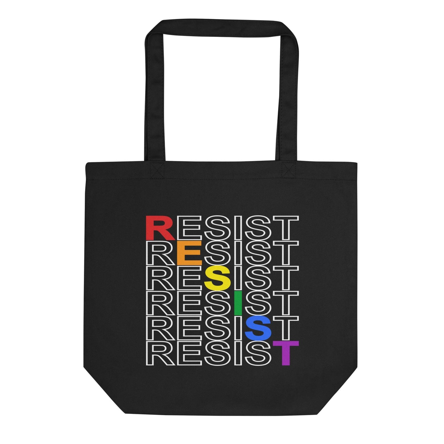 This black Resist Tote Bag by Pridelity, available at Rainbow Store, showcases the word "RESIST" repeated five times in vibrant rainbow colors: red, orange, yellow, green, and purple.