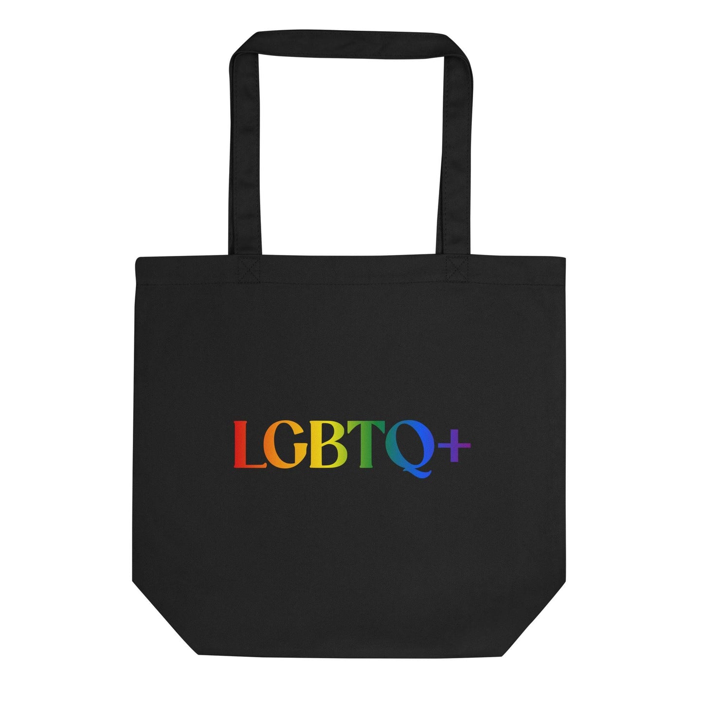 A black LGBTQ+ Tote Bag from Pridelity showcasing "LGBTQ+" in vibrant rainbow colors across the front.