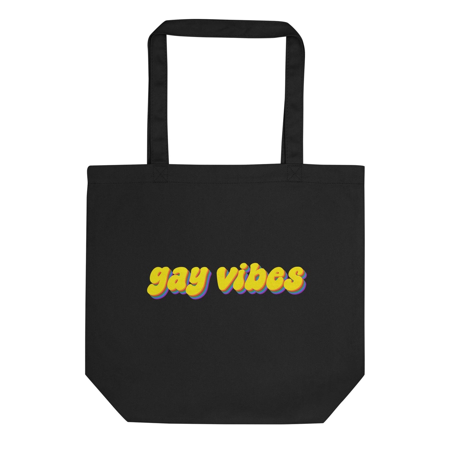 Introducing the Gay Vibes Tote Bag from Pridelity, a stylish black tote that proudly displays "gay vibes" in striking, colorful lettering. The dynamic text features a stunning gradient transition from yellow to purple, enhanced with a shadow effect. Ideal for any event, this versatile bag is designed with two durable top handles.