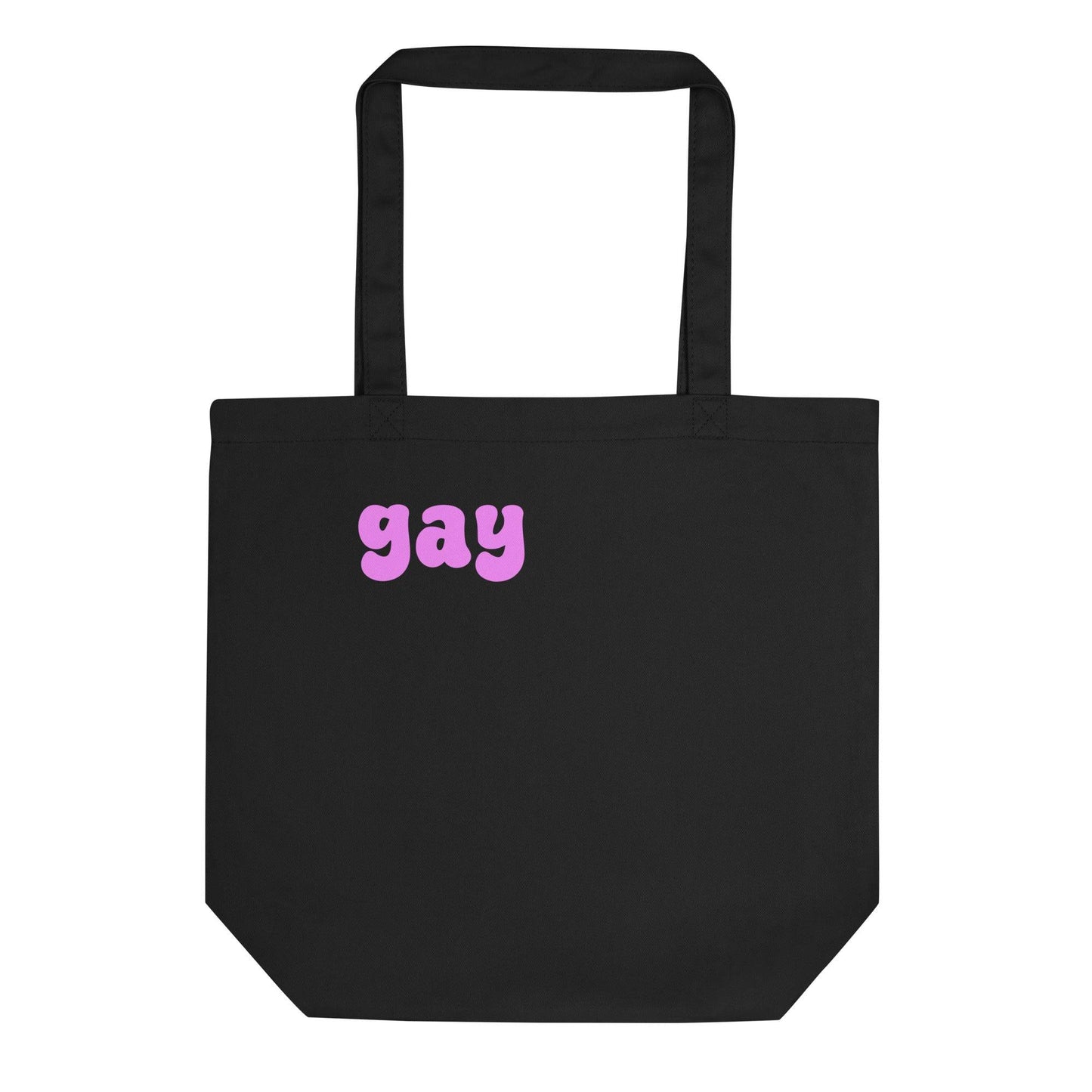 The Pridelity "Gay Tote Bag" is a playful nod to Pride, featuring vibrant pink bubble letters on a black tote, making it an ideal find for anyone exploring rainbow-themed stores.