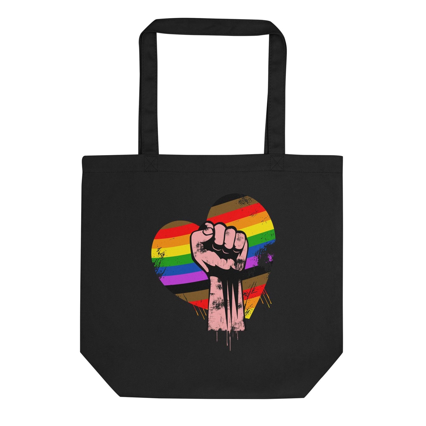 The black "Fist Up Tote Bag" from Pridelity features a raised fist against a rainbow-colored heart, symbolizing solidarity and support for LGBTQ+ rights.