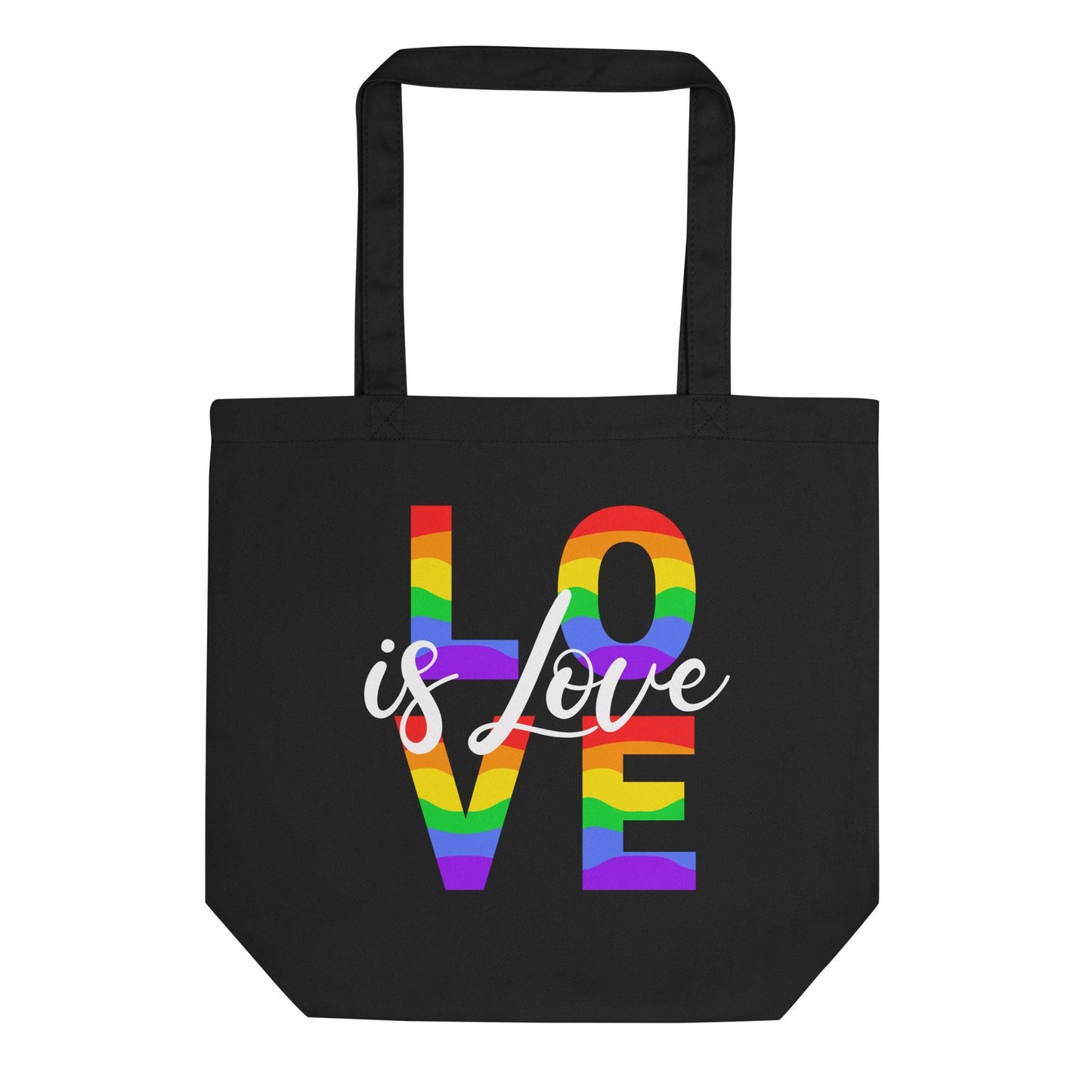 Black "Love Is Love" tote bag by Pridelity, showcasing "LOVE" in bold letters filled with a vibrant rainbow pattern. The phrase "is Love" elegantly written in white script completes this expressive design, perfect for making a statement.