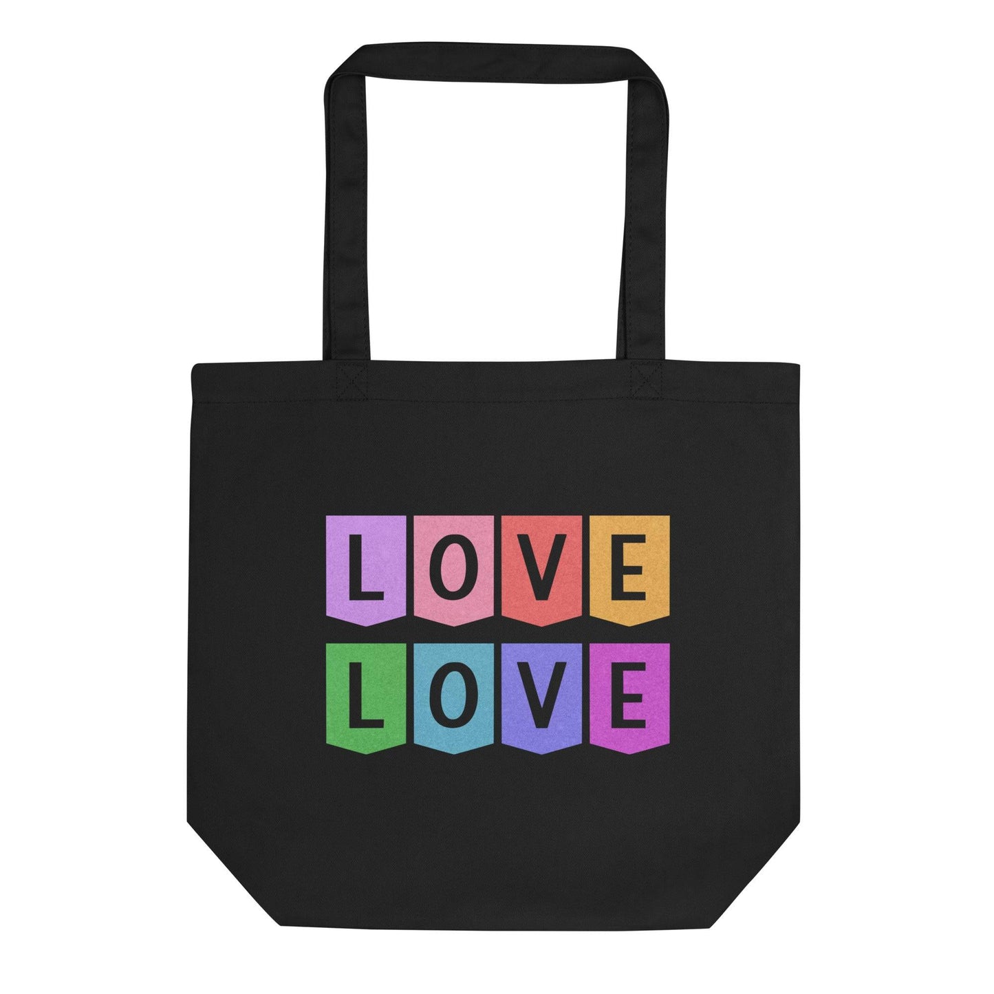 A black Love Tote Bag by Pridelity features the word "LOVE" repeated in bold letters, each letter housed in a block of vibrant pink, orange, yellow, green, blue, and purple colors—truly a stunning rainbow display.