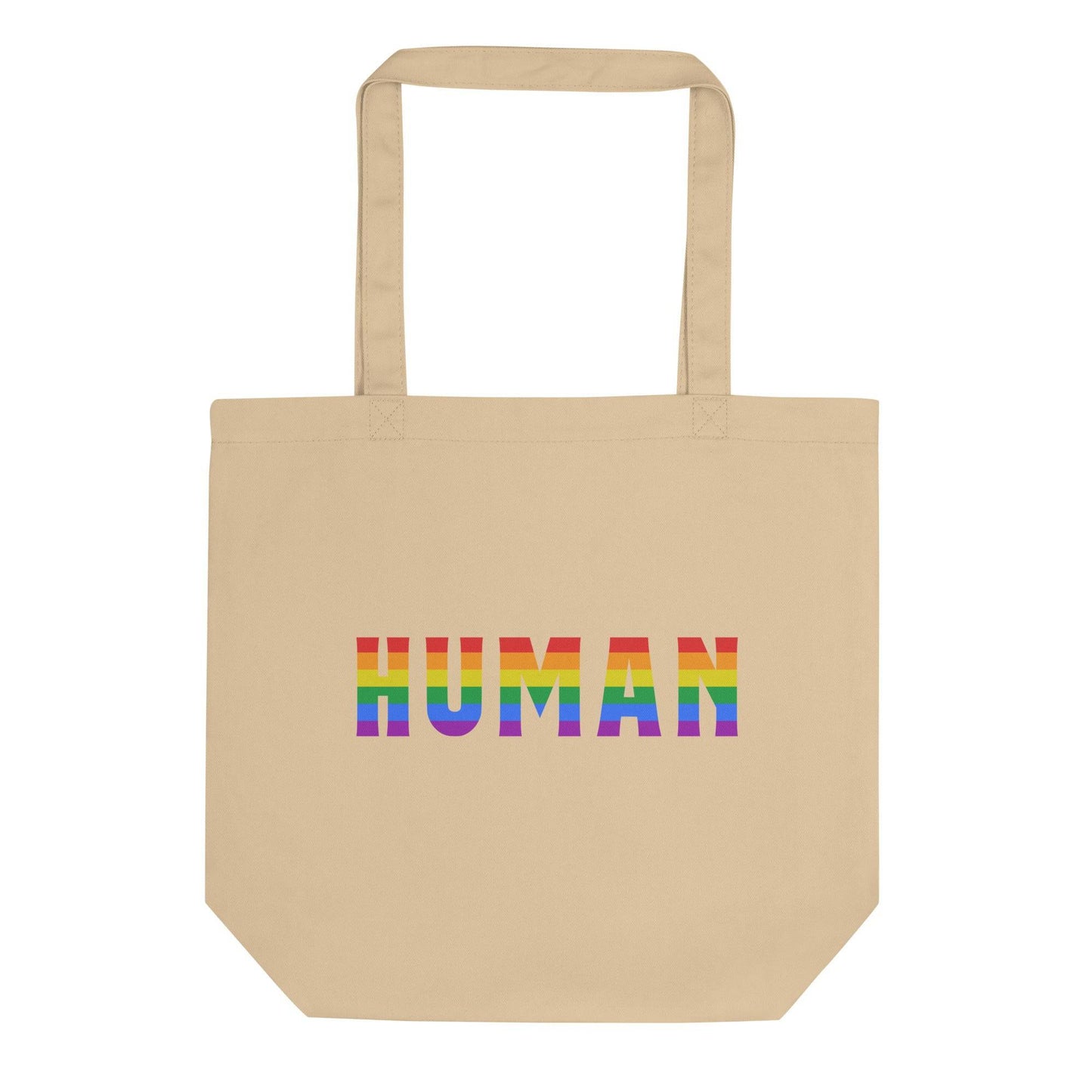 The Pridelity Human Tote Bag is a black tote with "HUMAN" showcased in a striking rainbow gradient on the front, akin to the colorful treasures at Rainbow Shops. It comes with two durable handles.