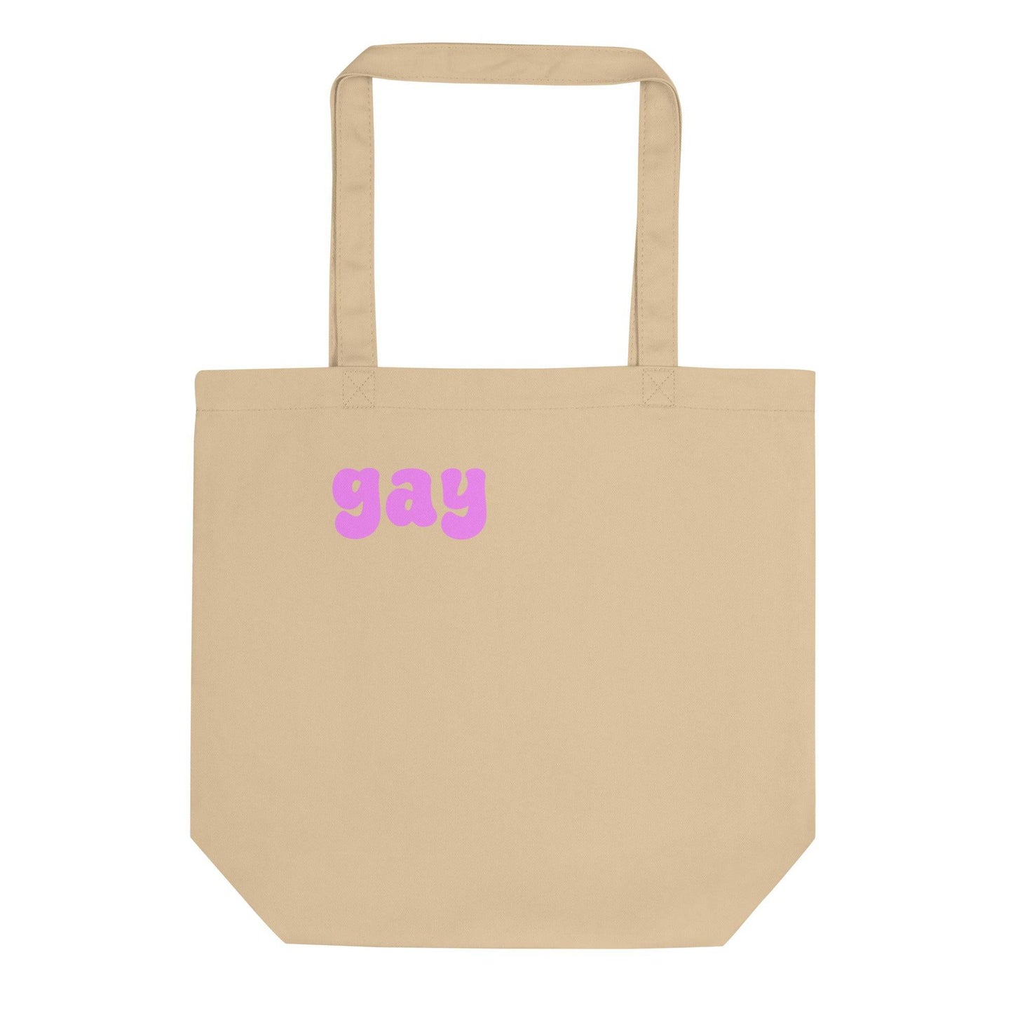 The Pridelity "Gay Tote Bag" is a playful nod to Pride, featuring vibrant pink bubble letters on a black tote, making it an ideal find for anyone exploring rainbow-themed stores.