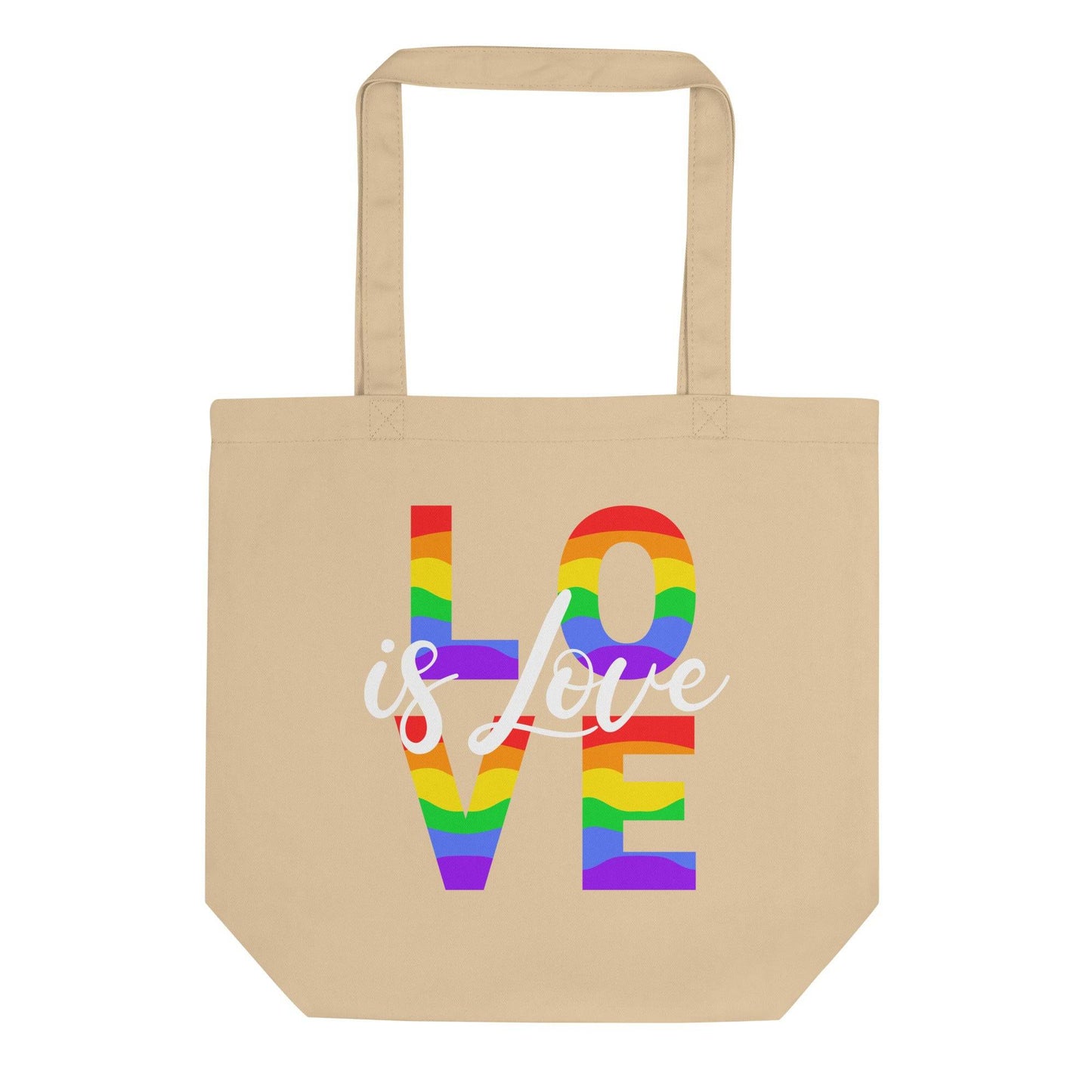 Black "Love Is Love" tote bag by Pridelity, showcasing "LOVE" in bold letters filled with a vibrant rainbow pattern. The phrase "is Love" elegantly written in white script completes this expressive design, perfect for making a statement.